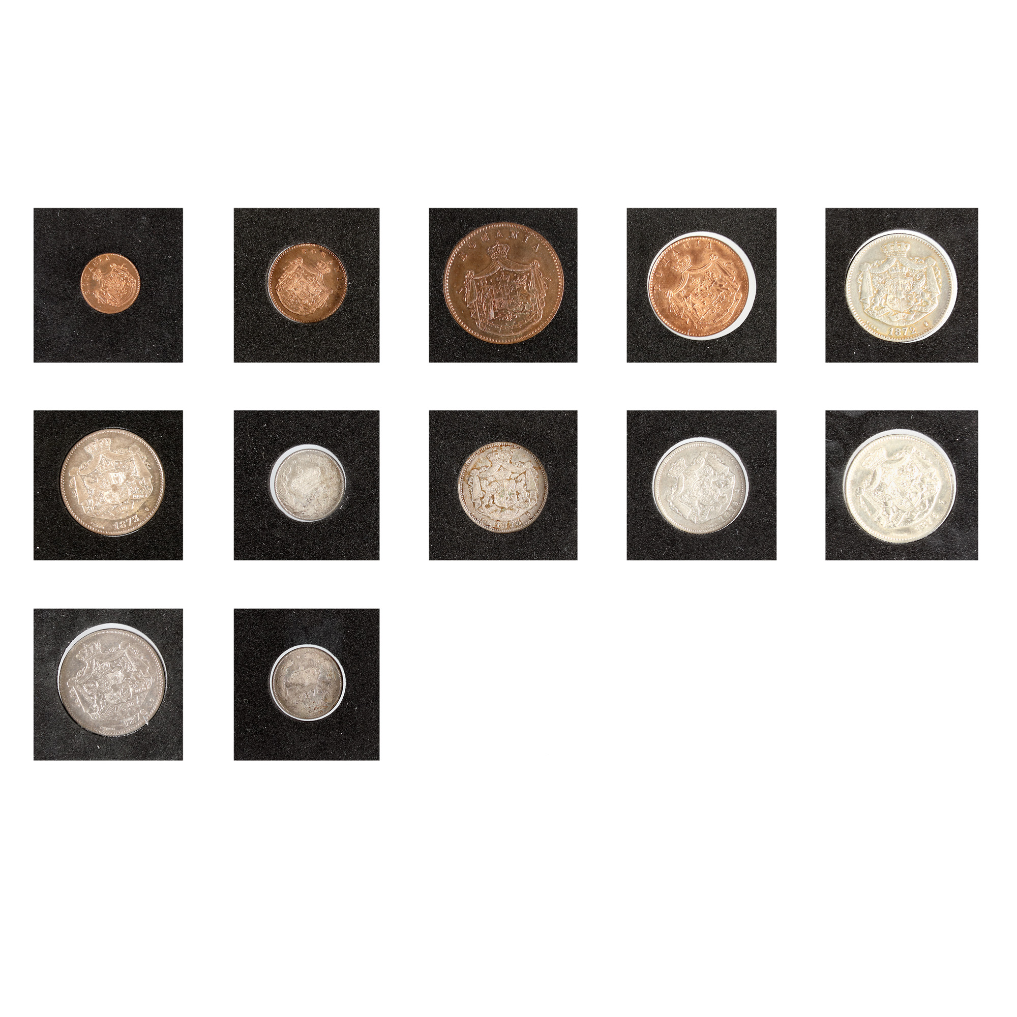 Lot consisting of twelve coins, 1 Ban, 2 Bani, 5 Bani, 10 Bani 1867, 2 Lei 1872, 50 Bani, 1 Leu, 2 L