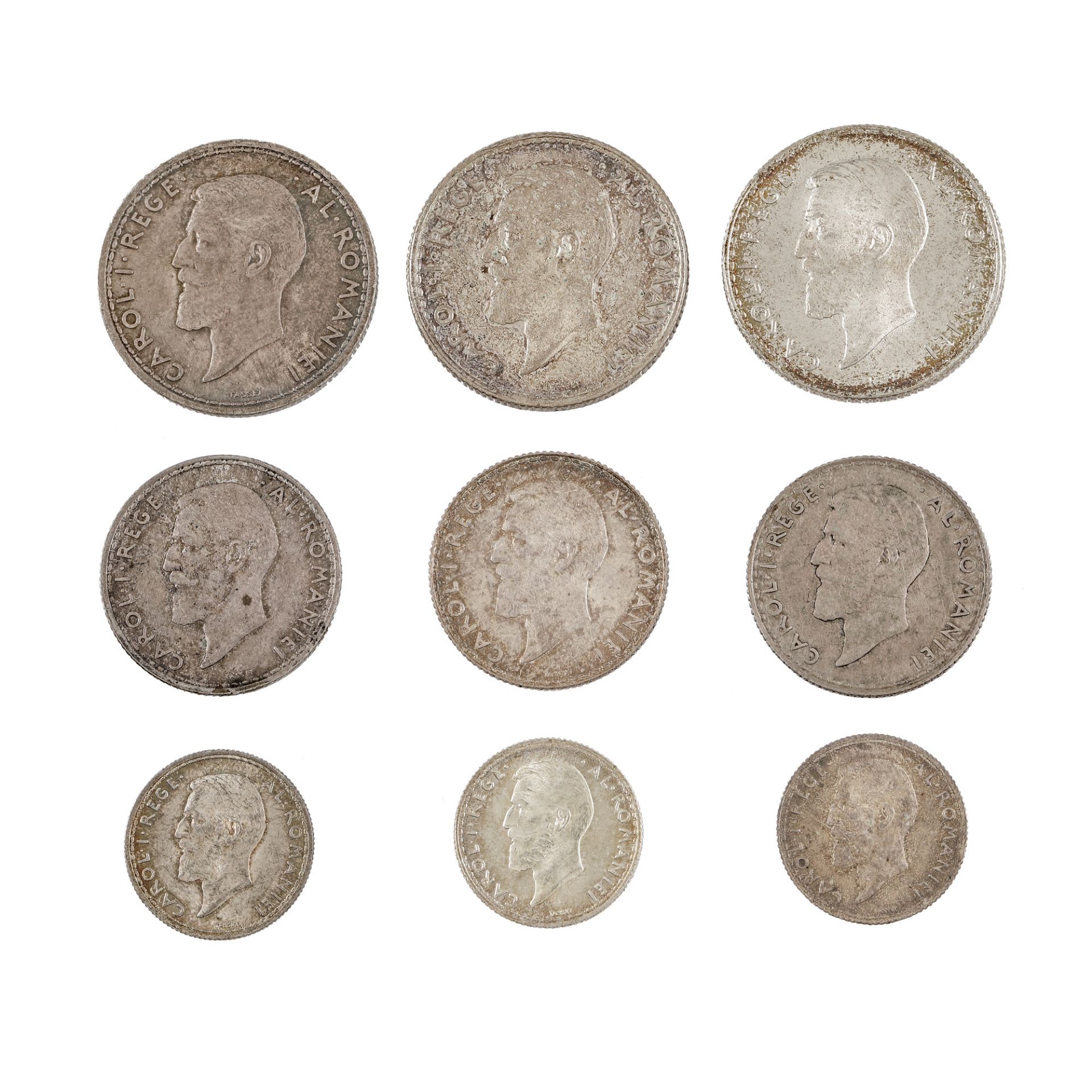 Lot consisting of nine coins, 50 Bani, 1 Leu, 2 Lei 1910, 50 Bani, 1 Leu, 2 Lei 1911, 50 Bani, 1 Leu