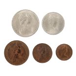 Set of five coins from the first British decimal issue, Great Britain, 1971
