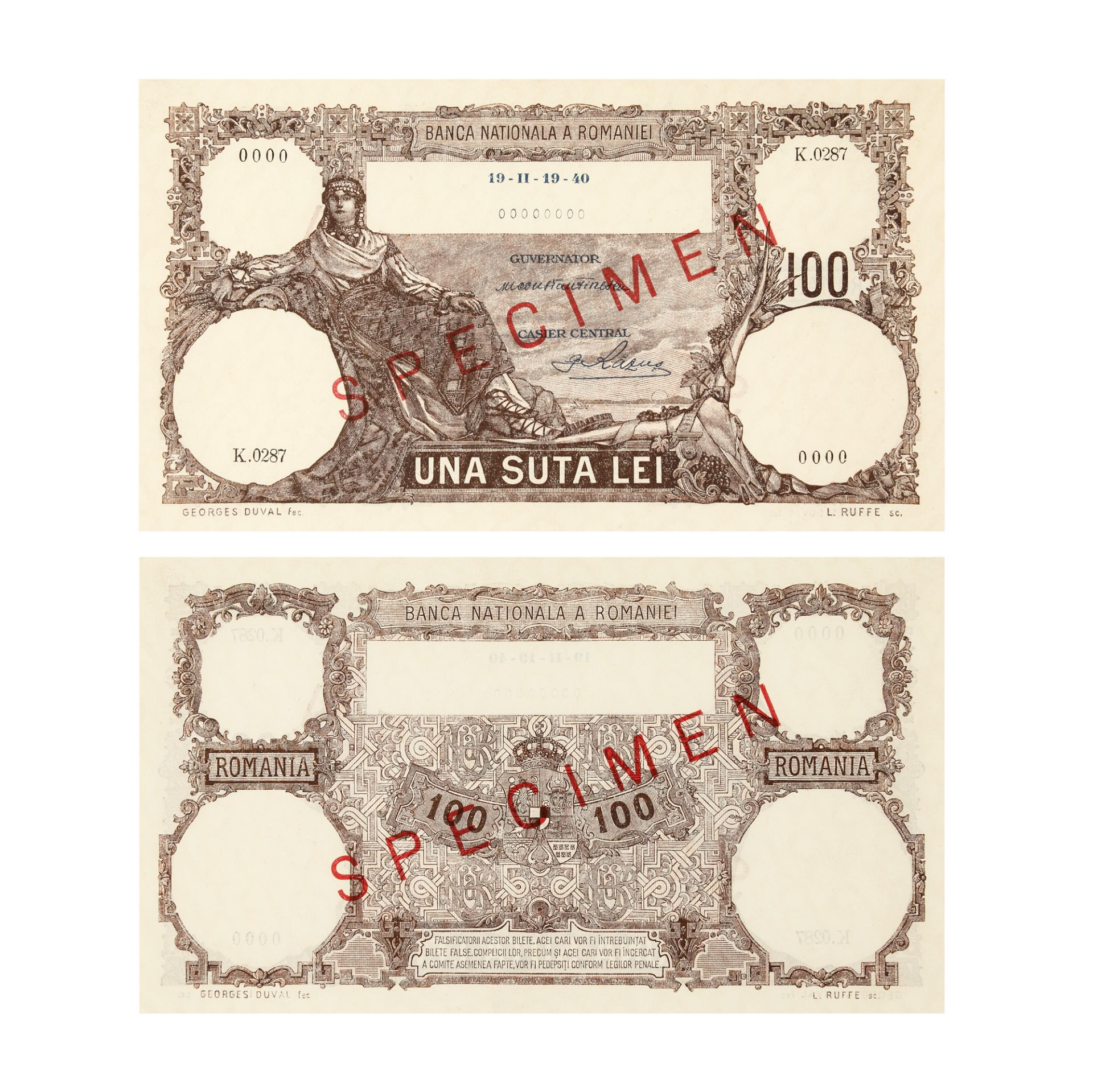 Lot consisting of twelve specimen banknotes, issued by the National Bank of Romania, 1931-1996 - Image 10 of 13