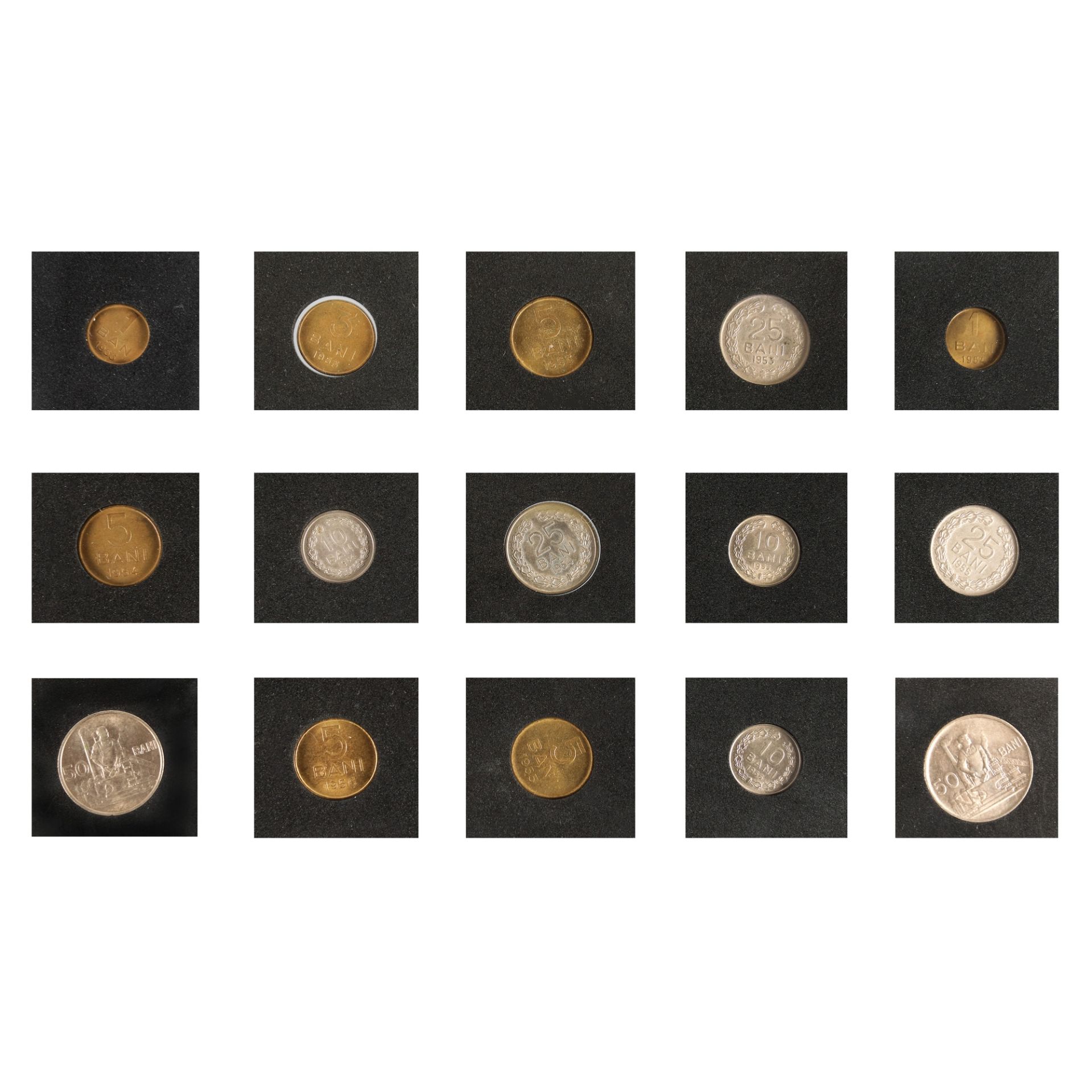 Lot consisting of fifteen coins, 1 Ban, 3 Bani, 5 Bani, 25 Bani 1953, 1 Ban, 5 Bani, 10 Bani, 25 Ban - Image 2 of 2