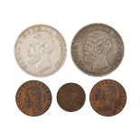 Lot consisting of five coins, 2 Bani, 5 Bani, 5 Lei 1882, 5 Bani, 5 Lei 1883