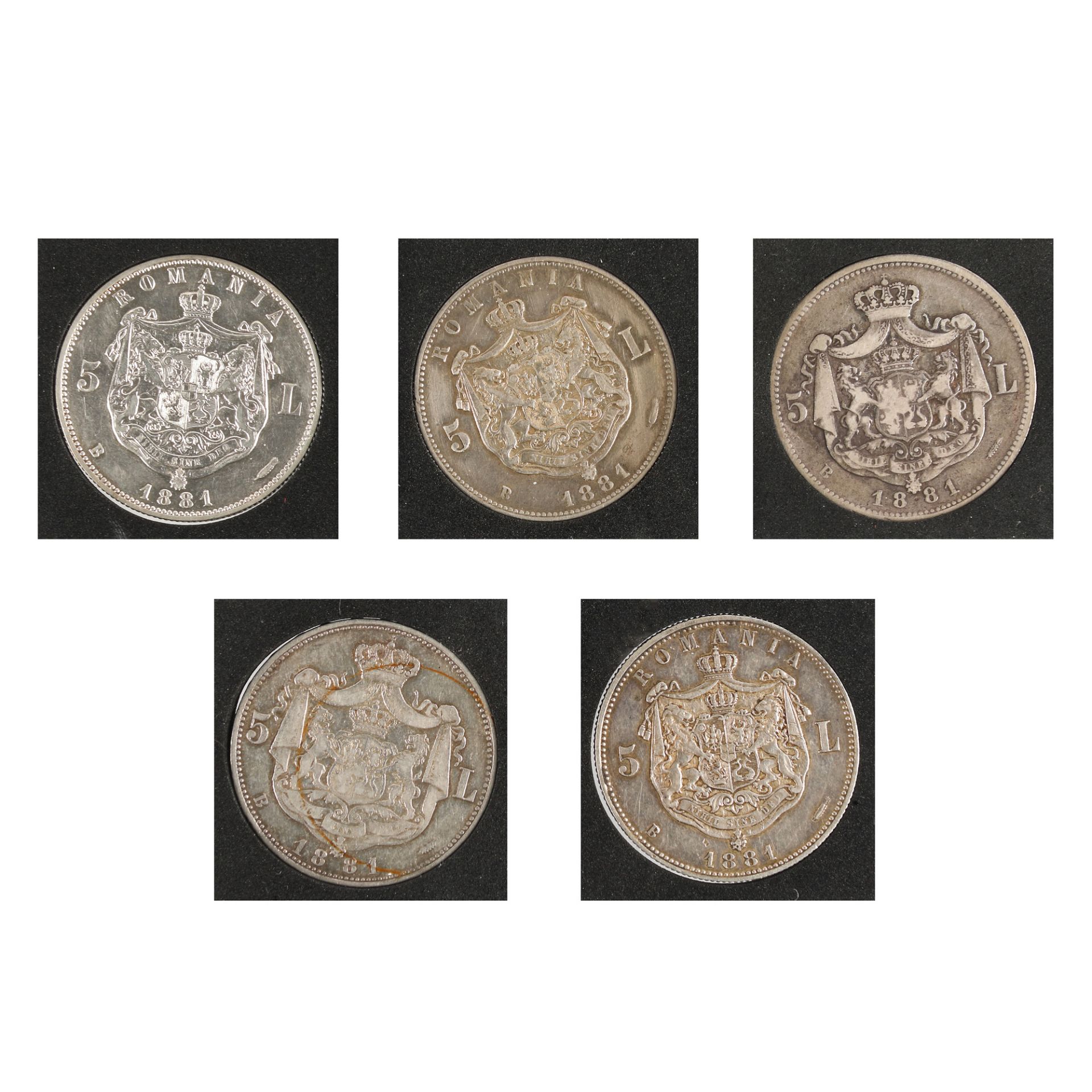 Lot consisting of five versions of the 5 Lei 1881 coin, normal, "G" slender, "G" widened, slogan and - Image 2 of 2