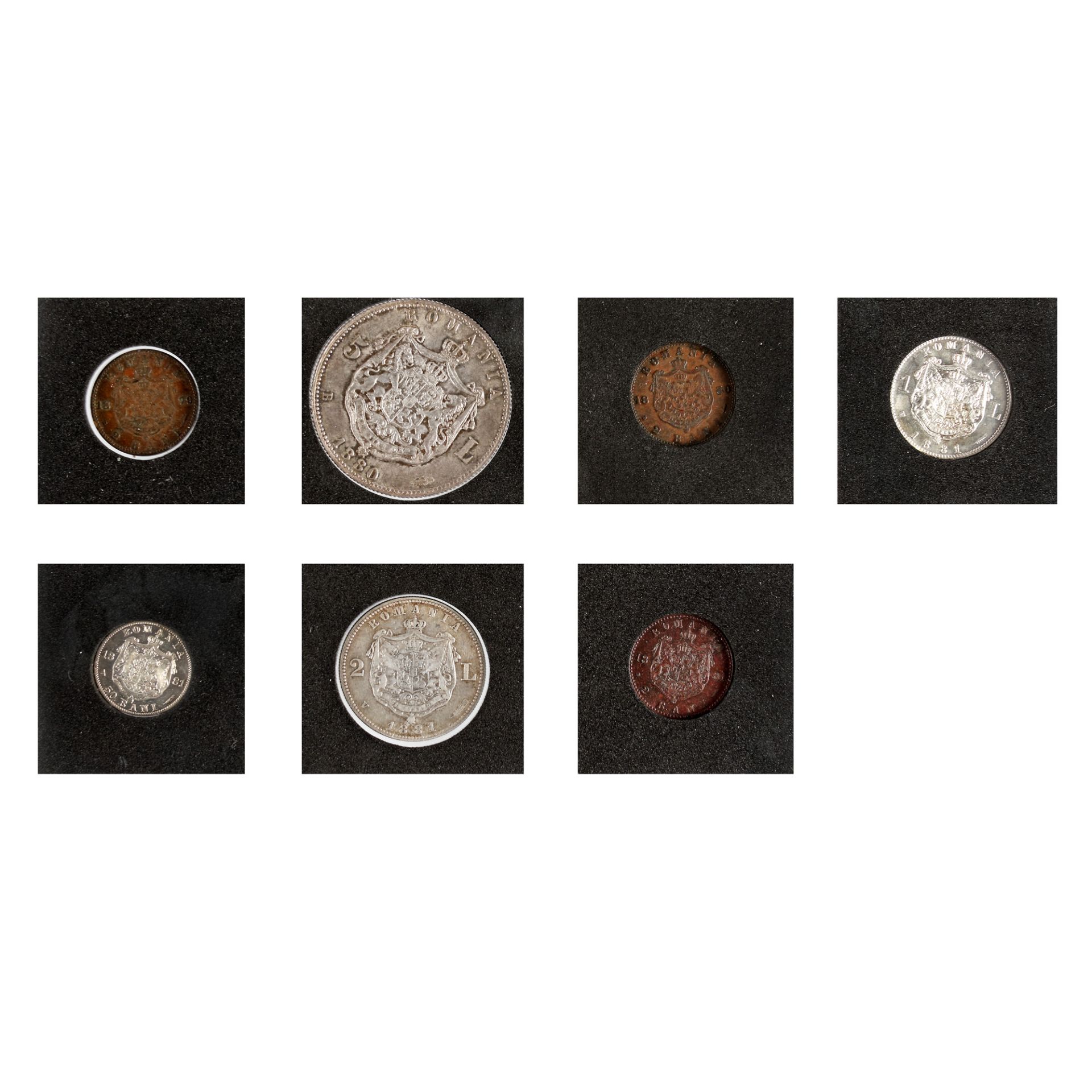 Lot consisting of seven coins, 2 Bani 1879, 2 Bani, 5 Lei 1880, 2 Bani, 50 Bani, 1 Leu, 2 Lei 1881 - Image 2 of 2