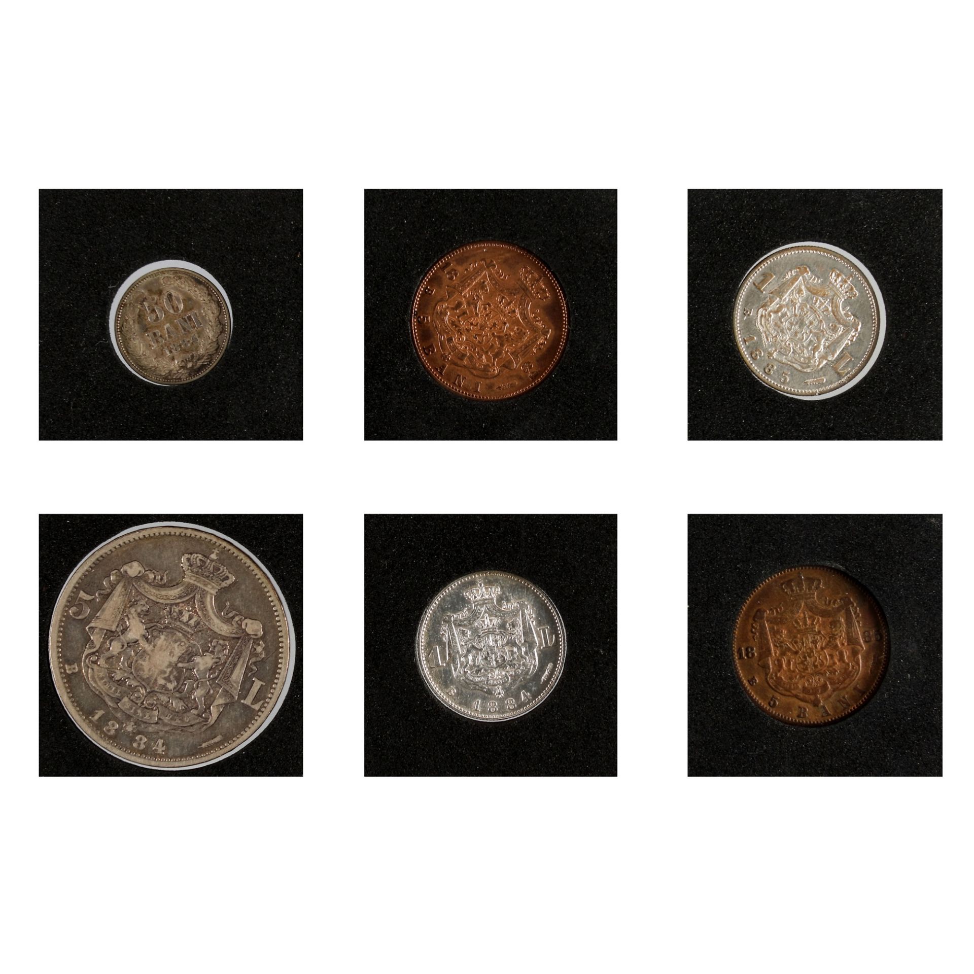 Lot consisting of six coins, 5 Bani, 50 Bani, 1 Leu, 5 Lei 1884, 5 Bani, 1 Leu 1885