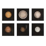 Lot consisting of six coins, 1 Ban, 2 Bani, 20 Lei 1890, 50 Bani, 1 Leu, 2 Lei 1894