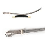 Oriental sword with silver and ivory handle, accompanied by ebonized wood and ivory support