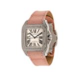 Cartier Santos 100 wristwatch, white gold, women, paved with diamonds, original box, spare strap and