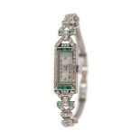 Art Deco wristwatch, platinum and white gold, women, decorated with diamonds and emeralds, approx. 1