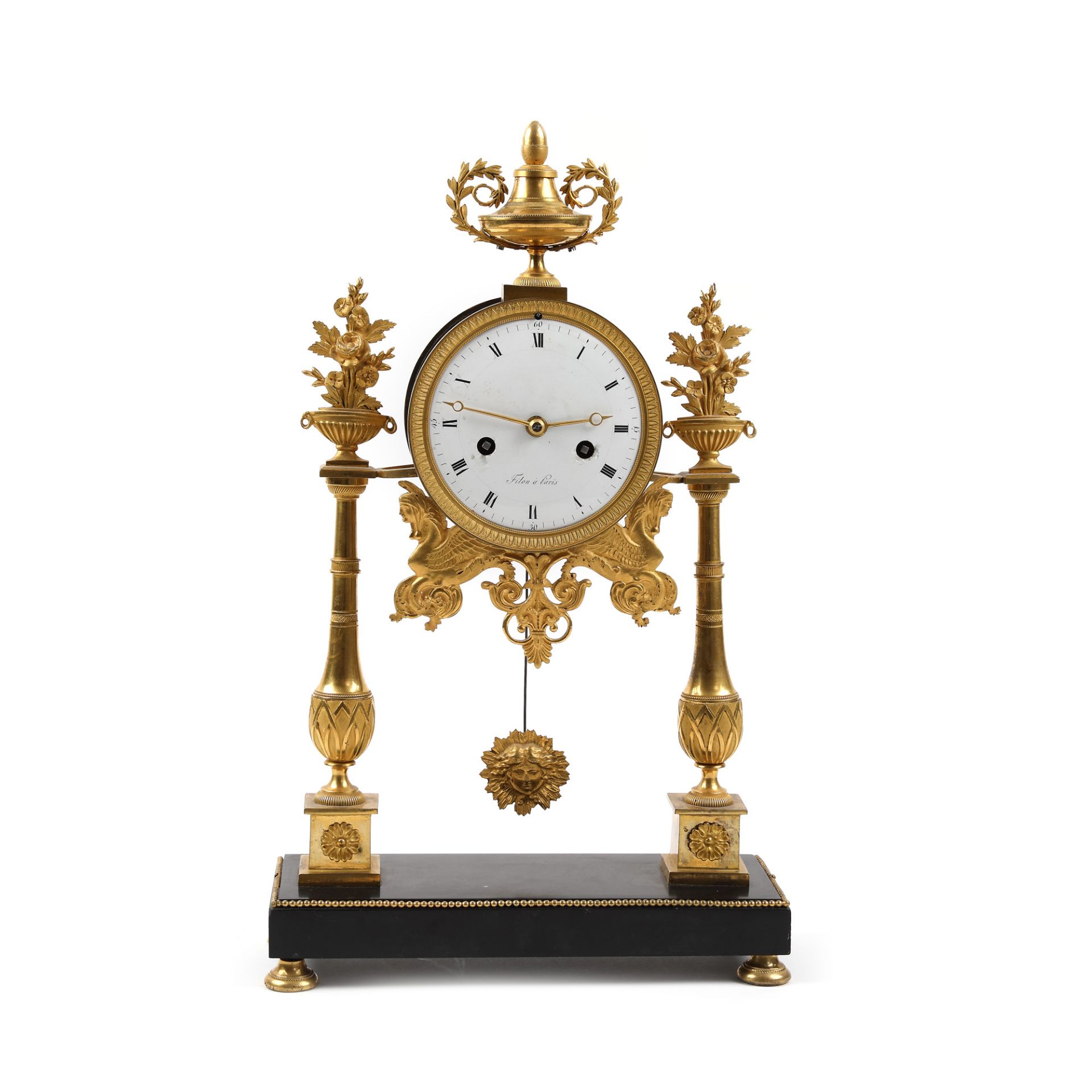 Empire clock, for the fireplace, doré bronze, 19th century