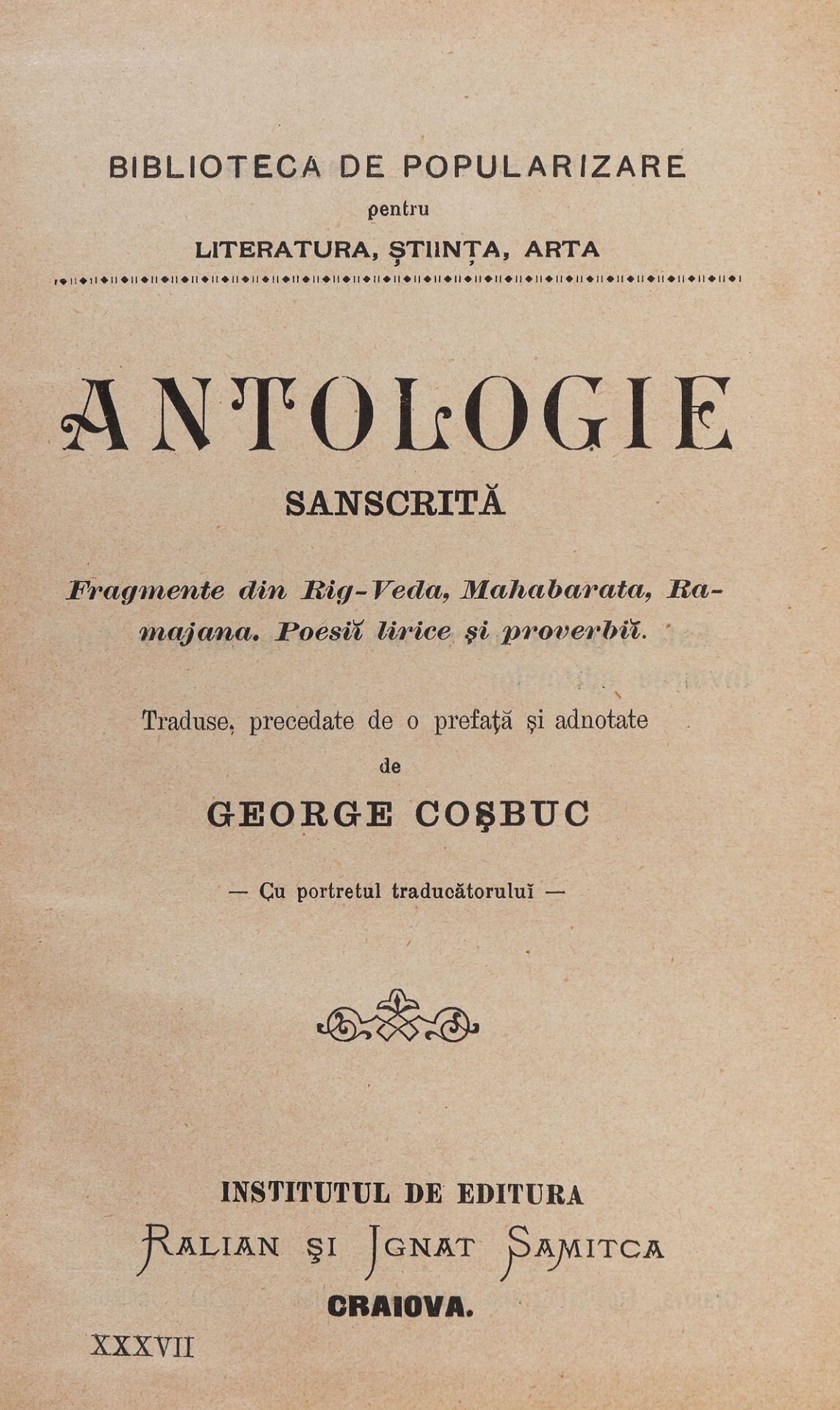 "Antologie sanscrit?", by George Co?buc, editio princeps, Craiova, [1897]