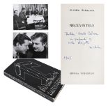 Two photographs, illustrating Nichita St?nescu and Leonid Dimov, and the poetry book "Necuvintele",