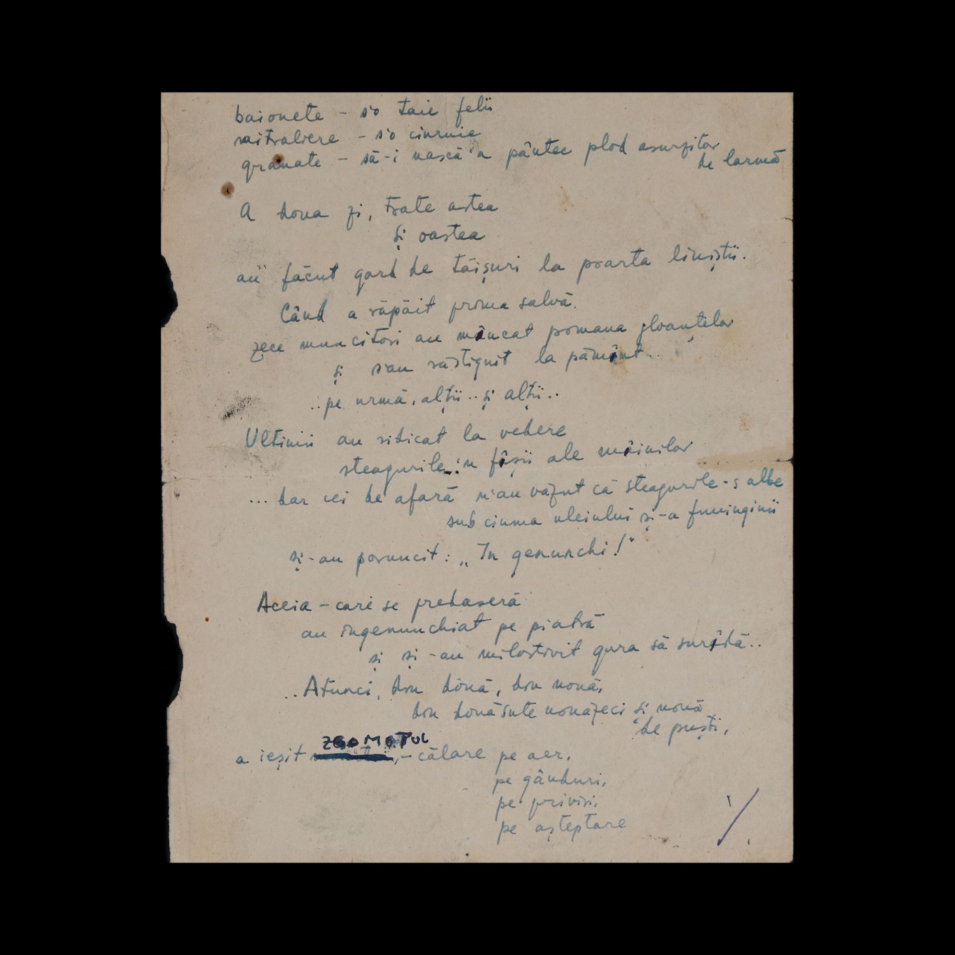 Manuscript of the poem "Grev?", by Nina Cassian, published in Orizont magazine, approx. 1944, from t