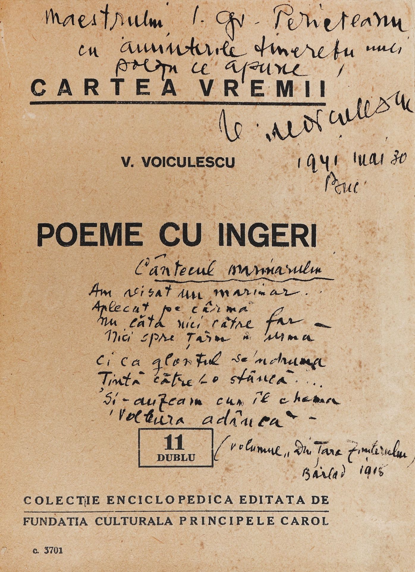 Colligatum "Destin", "Poeme cu îngeri", "Pârg?" and "Urcu?", by Vasile Voiculescu, Bucharest, with t - Image 2 of 5