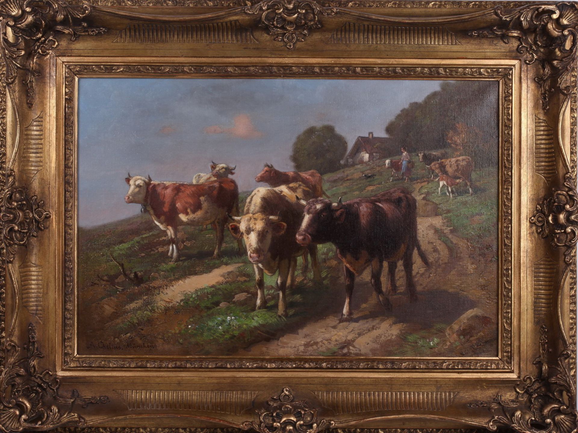 Chelius, Adolf. View with cows. <br>Signed and framed. 1910s. Oil on canvas. 40x60 cm. - Bild 3 aus 4