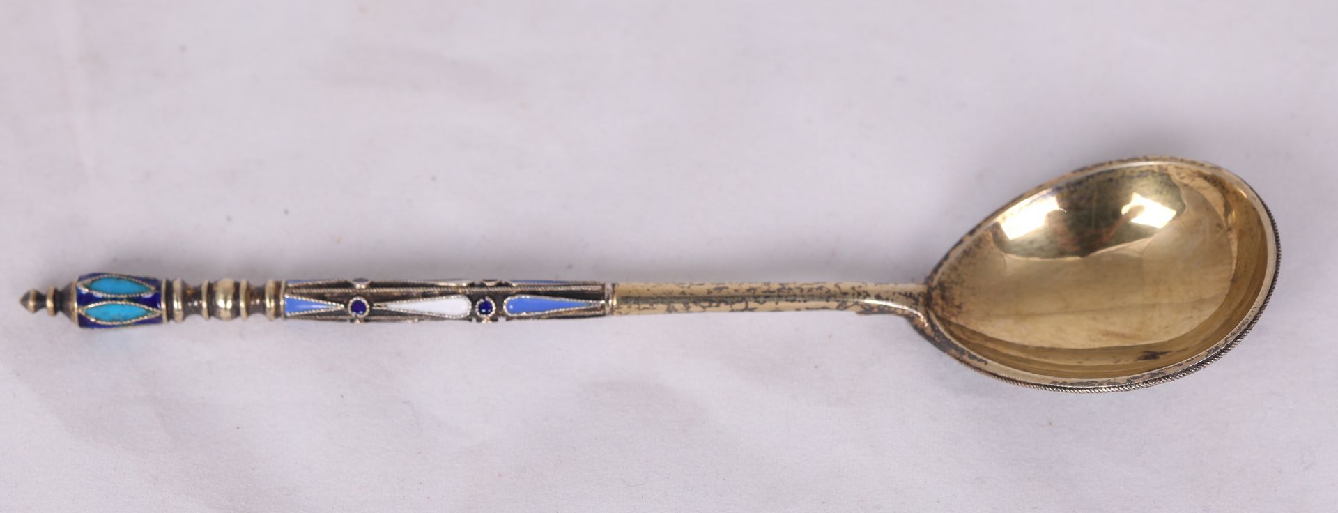 Russian enamel tea spoon. Late 19th- early 20th century. <br> 13x2,8 cm. 