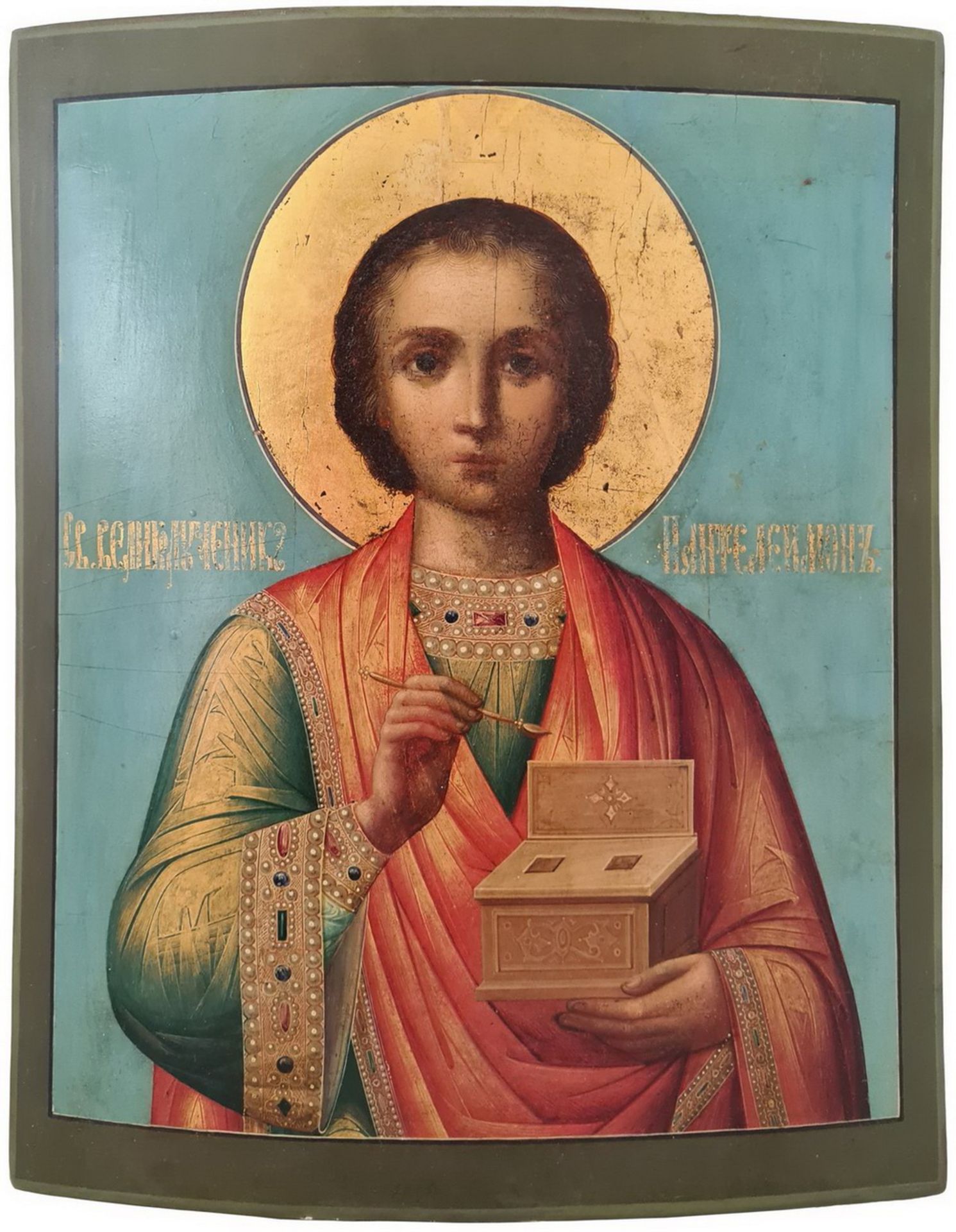 Russian icon "Saint Pantaleon". 19th century.; 36x29 cm.<br>Oil on wood with gilding, levkas.