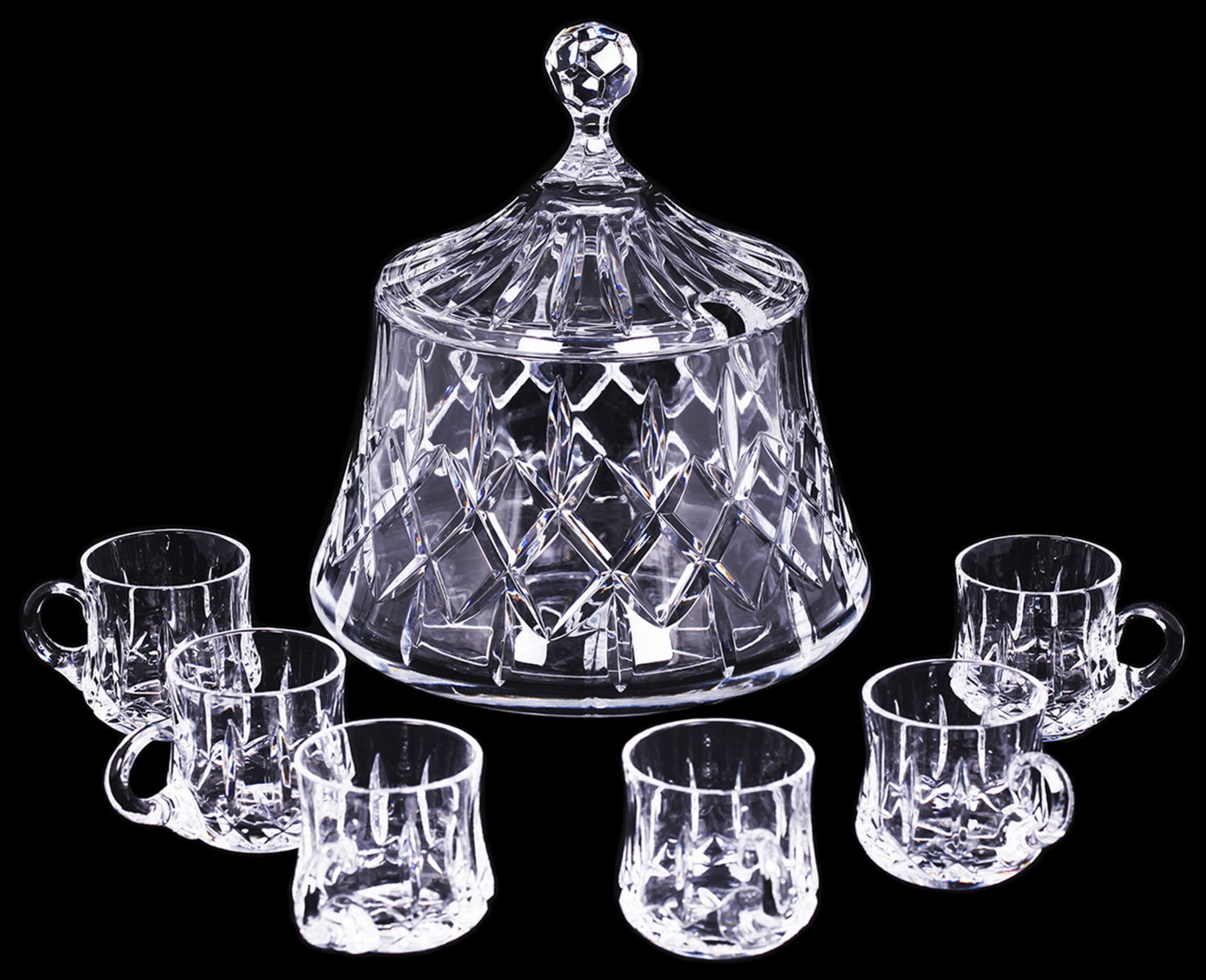 Russian Lead glass punch set: Shtof and 6 cups. Russia, early 20 century.<br>Shtof: H=28 cm, D=25 см - Bild 2 aus 2