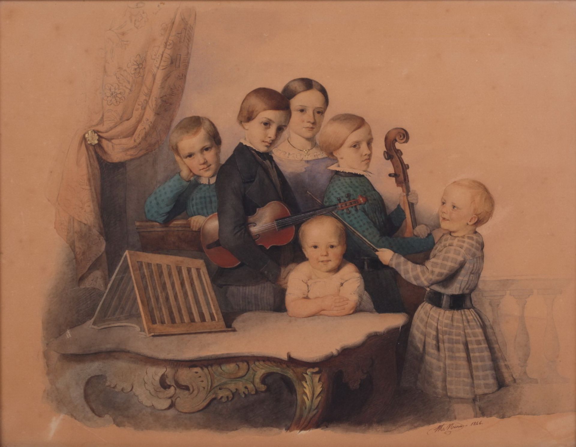 Unknown artist. Children with musical instruments. <br>Signed and framed. 1816. Paper, watercolor, p - Bild 2 aus 4