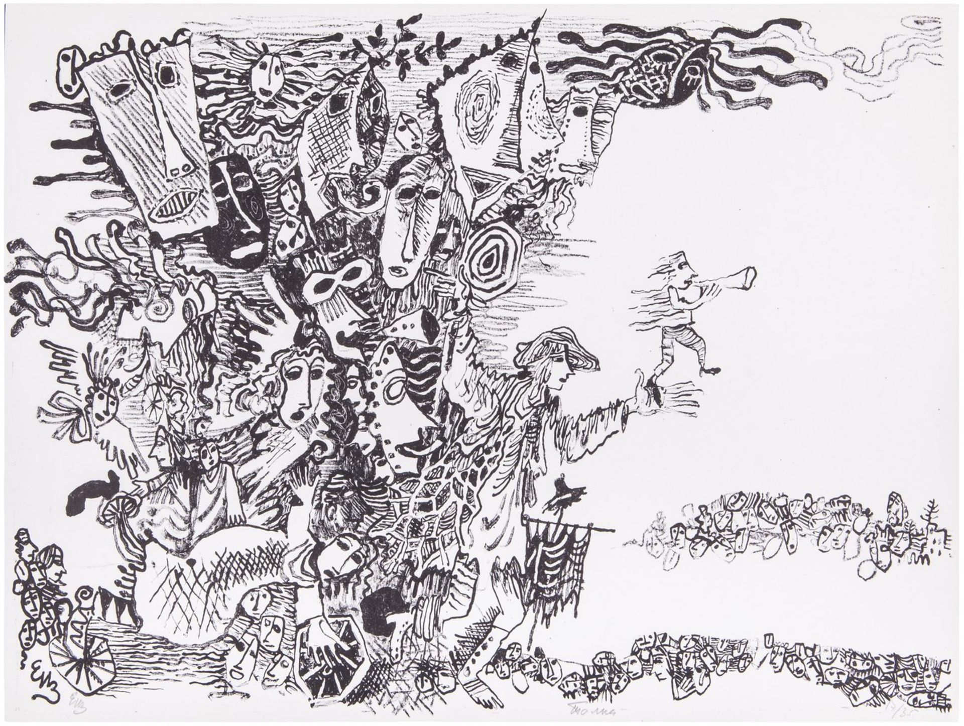 Izmaylov, E.A. Autolithography "Crowd". 1990s. 34x45 cm. Print 17x35 cm.<br>Signed. Sales: Sotheby's