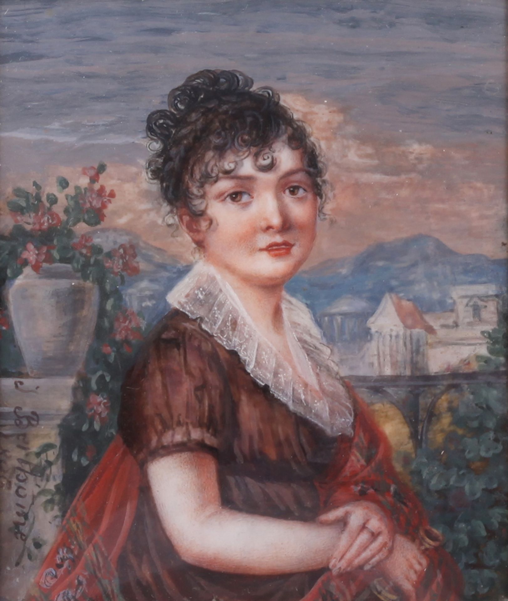 Beetham, Jane. Portrait of Mrs. Dixon. Porcelain painting. 1806. 9,5x8 cm.<br>Framed.