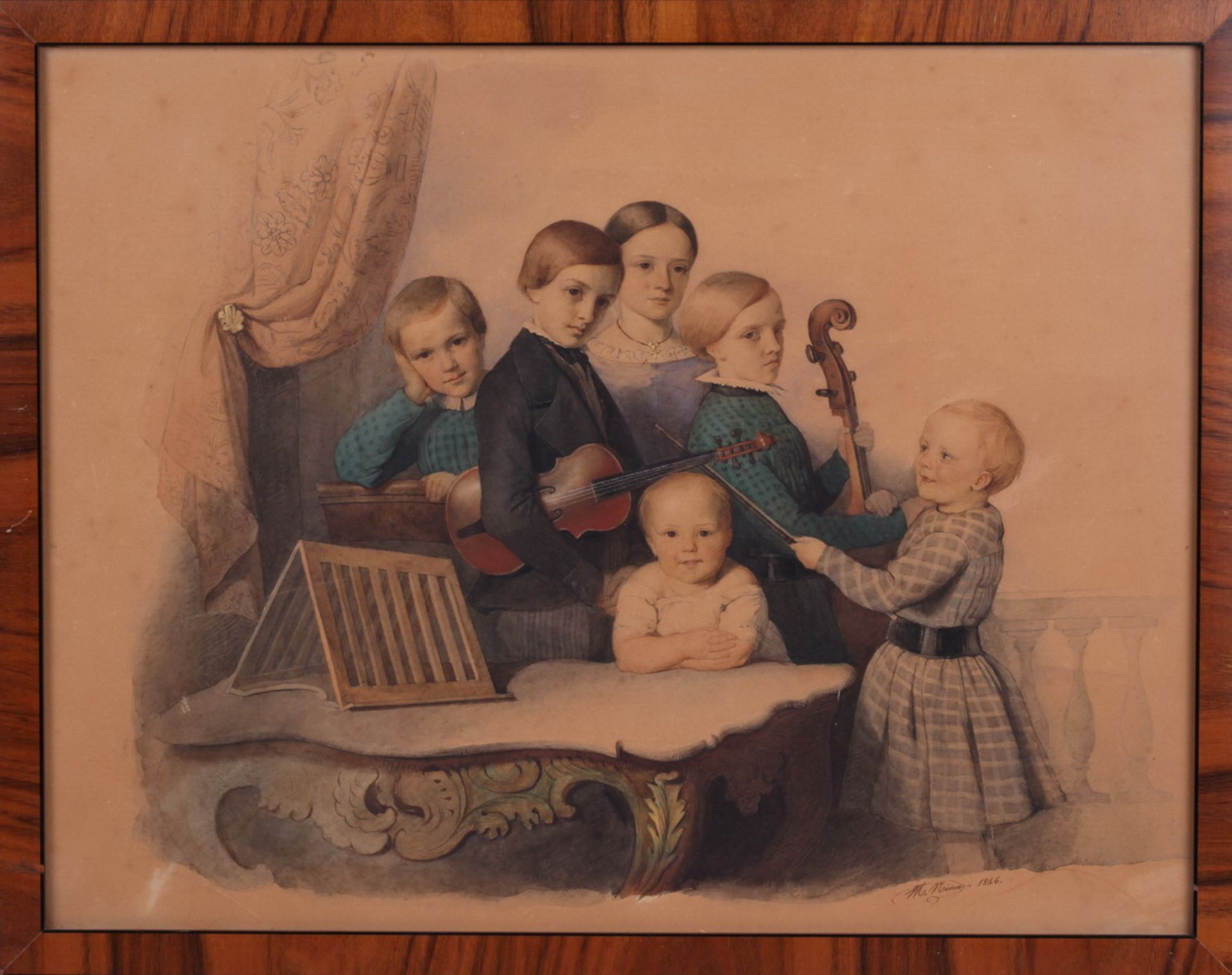 Unknown artist. Children with musical instruments. <br>Signed and framed. 1816. Paper, watercolor, p - Bild 3 aus 4