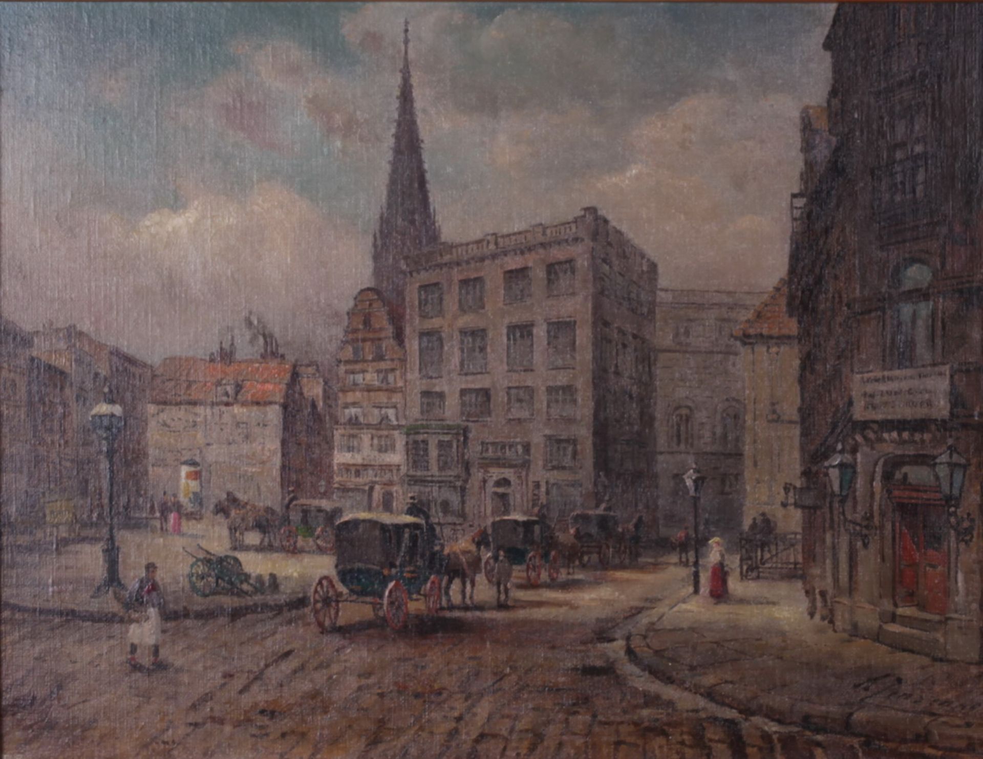 Jensen, Alfred. Old city square. <br>Signed and framed. 1880s. Oil on cardboard. 34,3x45,5 cm.