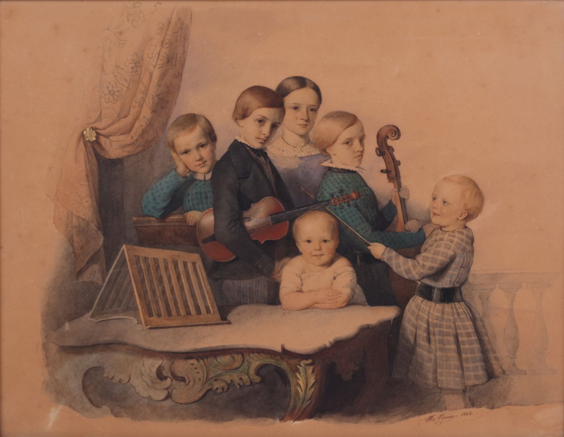 Unknown artist. Children with musical instruments. <br>Signed and framed. 1816. Paper, watercolor, p