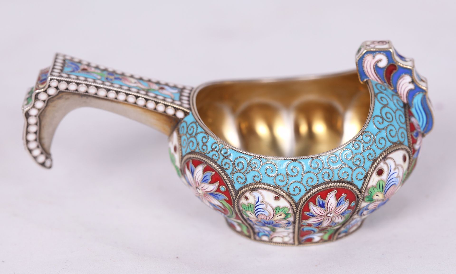 Russian enamel kovsh. Silver, enamel. XX century. <br>5x9,5x5 cm.