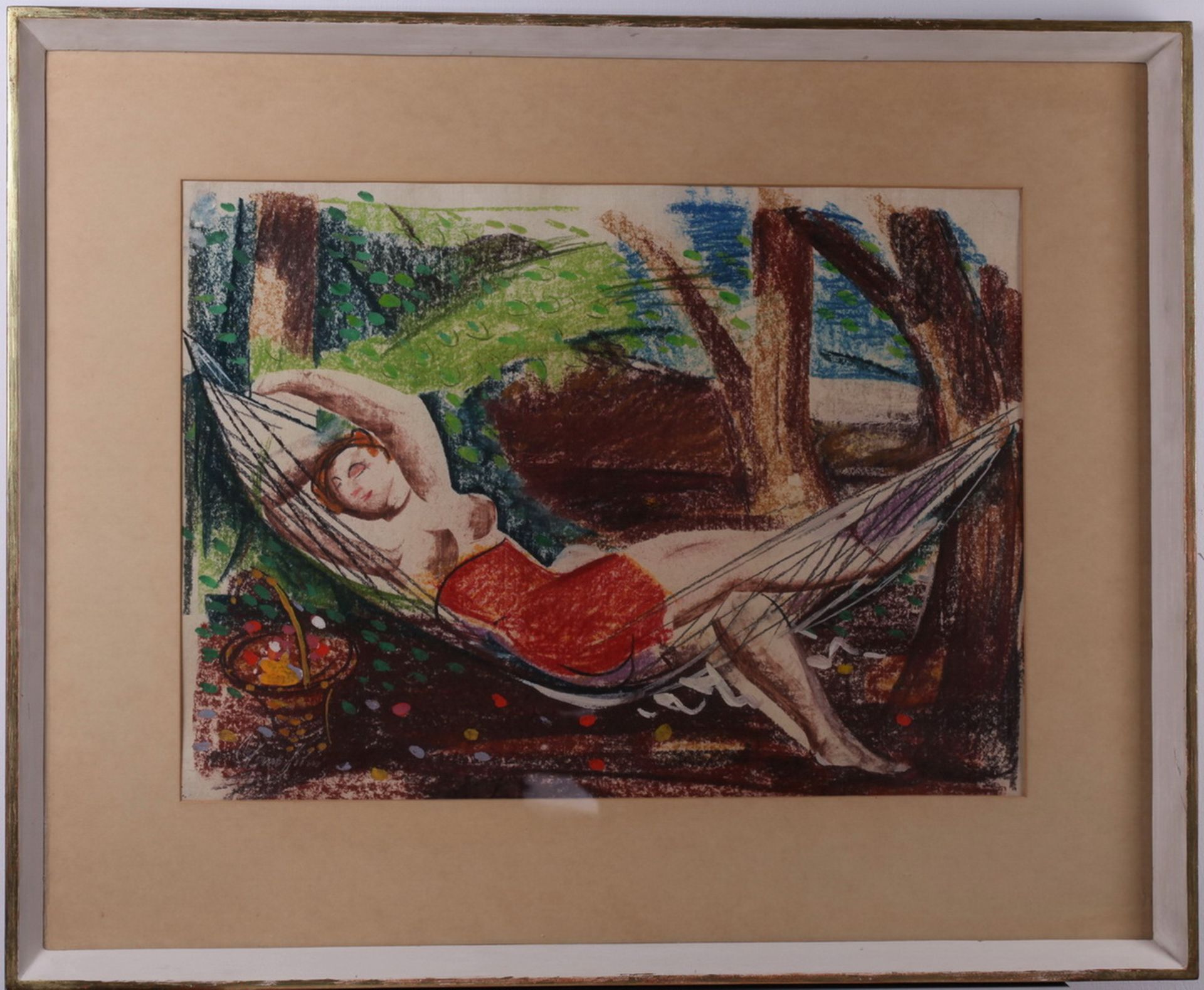 Unknown artist. A woman in a hammock. <br>Signed and framed. 1910s. Paper, pastel, mixed media. 43,5 - Bild 3 aus 3