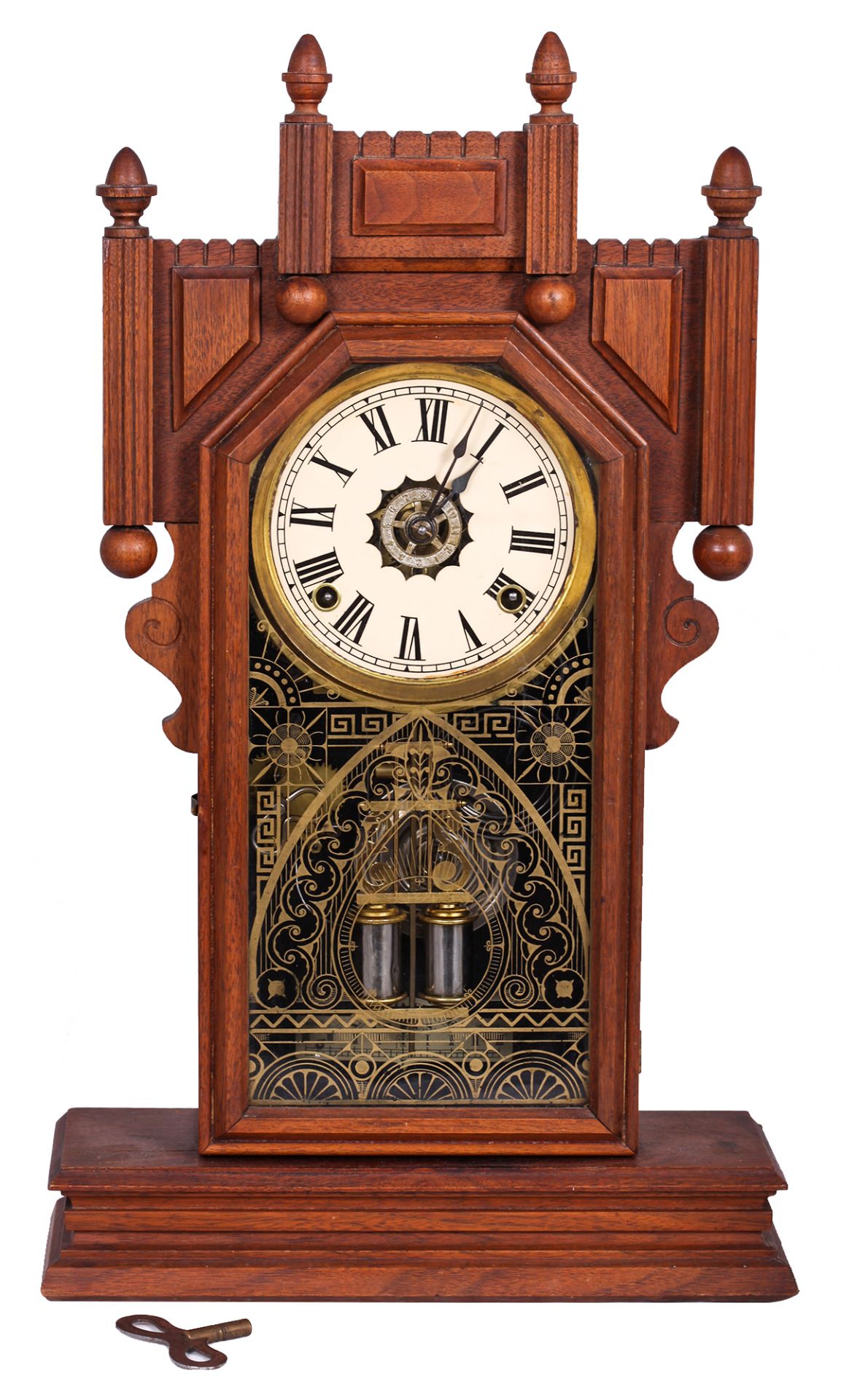 Mantel clock with mercury pendulum. 19th century.<br>56x33x11,5 cm. Wood, glass. Enamel clockface.