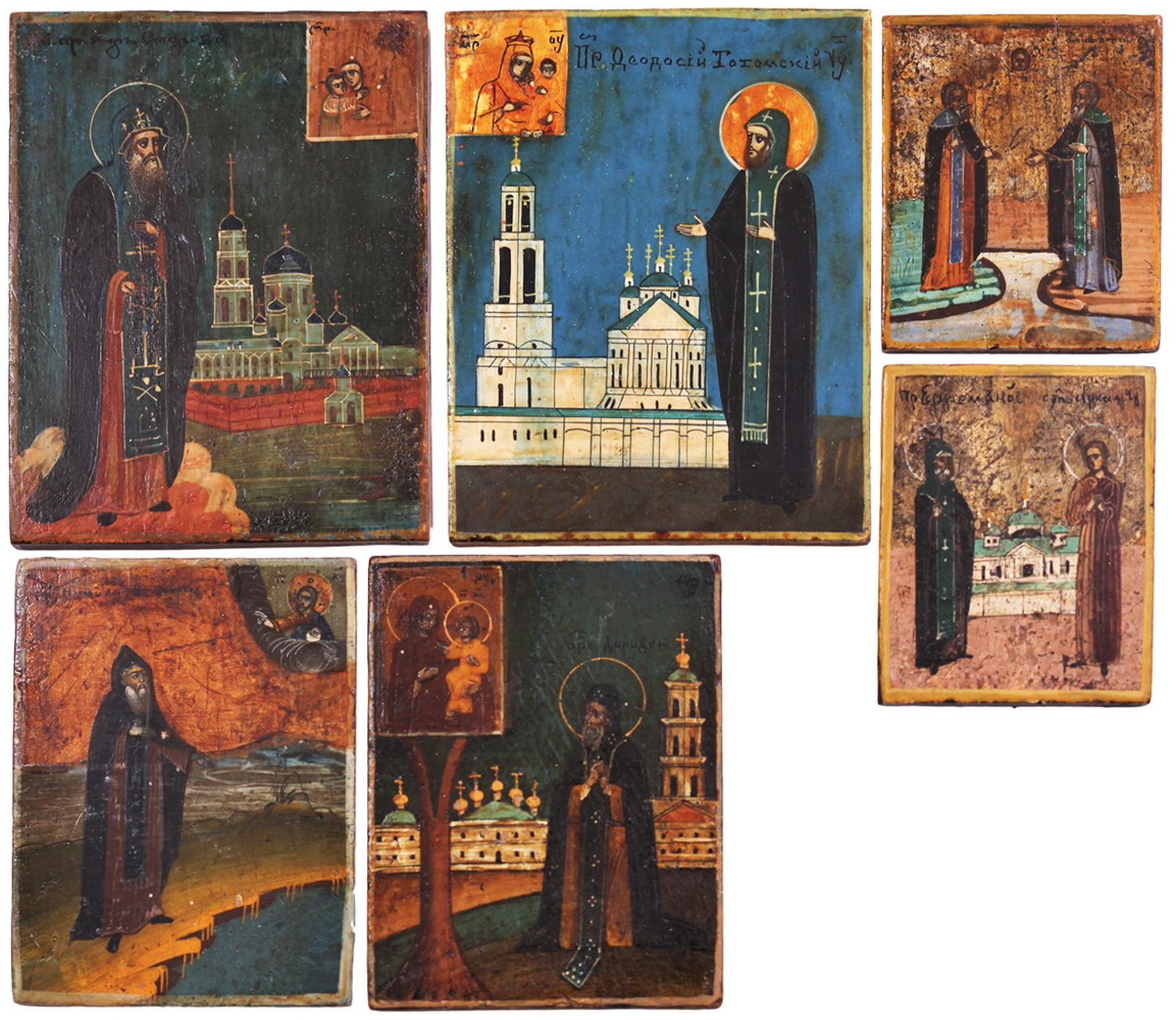 Six icons showing images of the Saint Nilus Stolbensky; The Theodose Totemsky; Saints Efrem and Arka