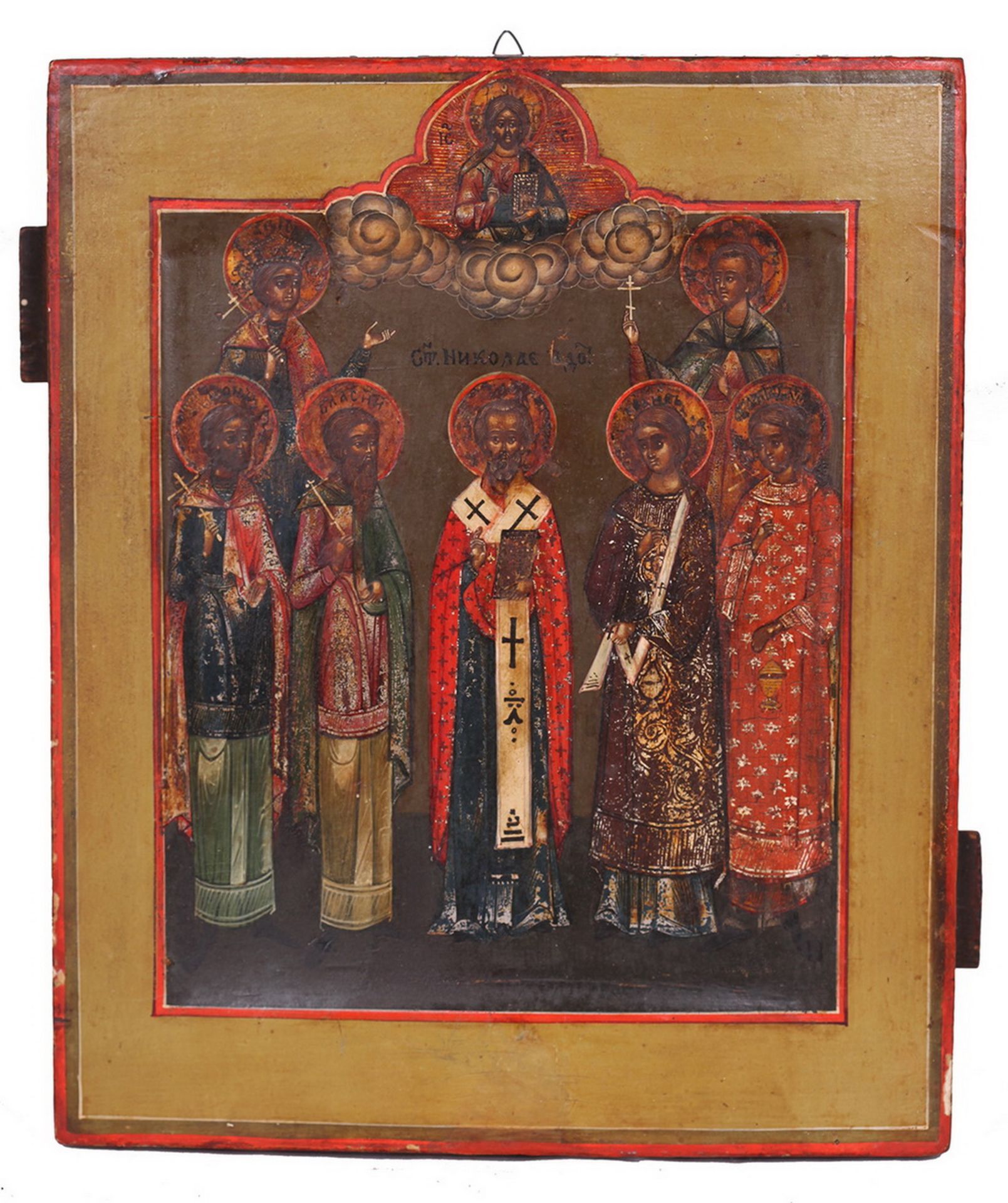 Russian icon "Saint Nicholas Wonderworker" and selected saints. - 19th century; 27x22 cm.<br>Tempera