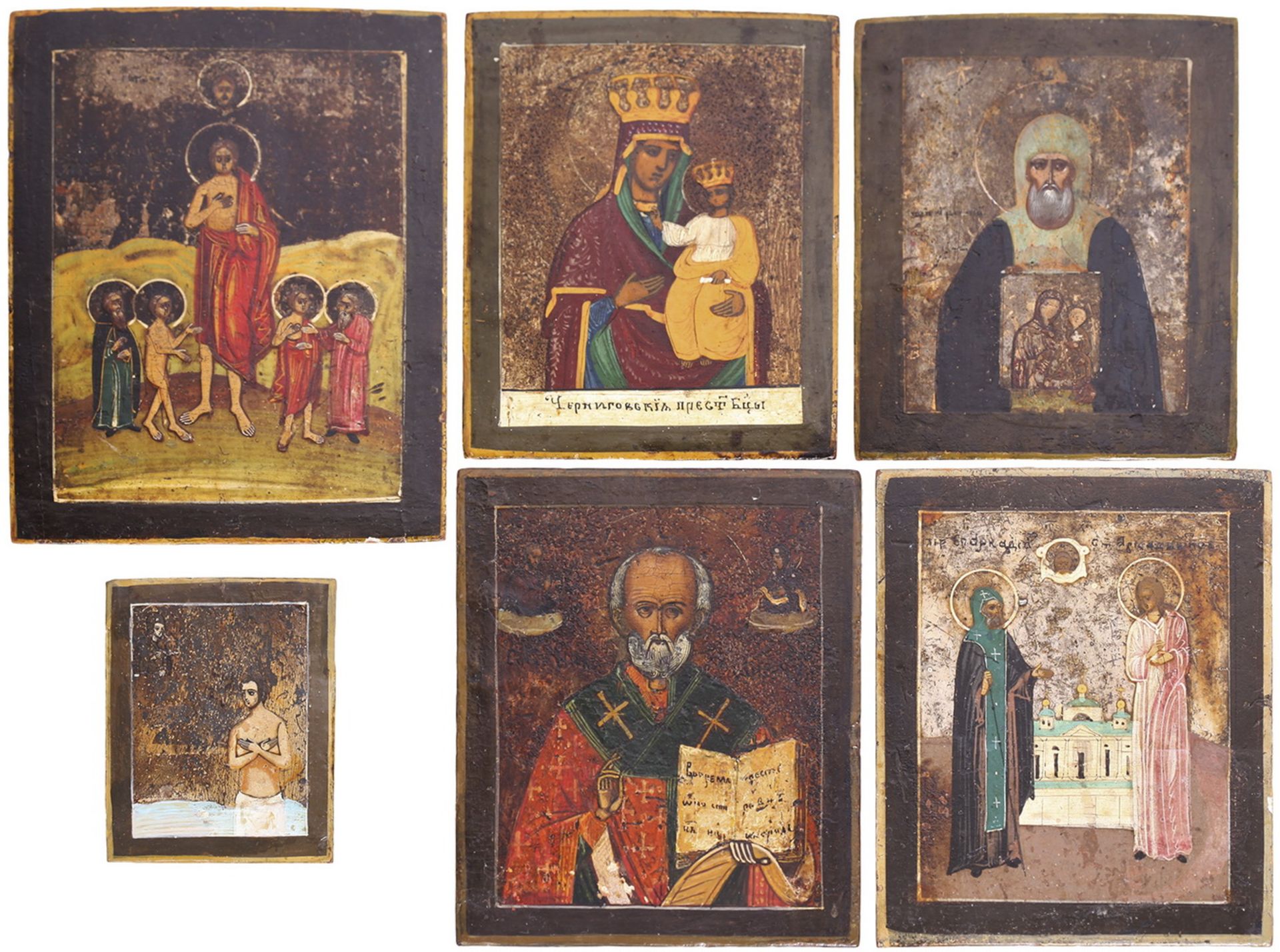 Six icons showing images of the Saint Nicholas Wonderworker, Chernigovskaya Mother of God, Saints Ef