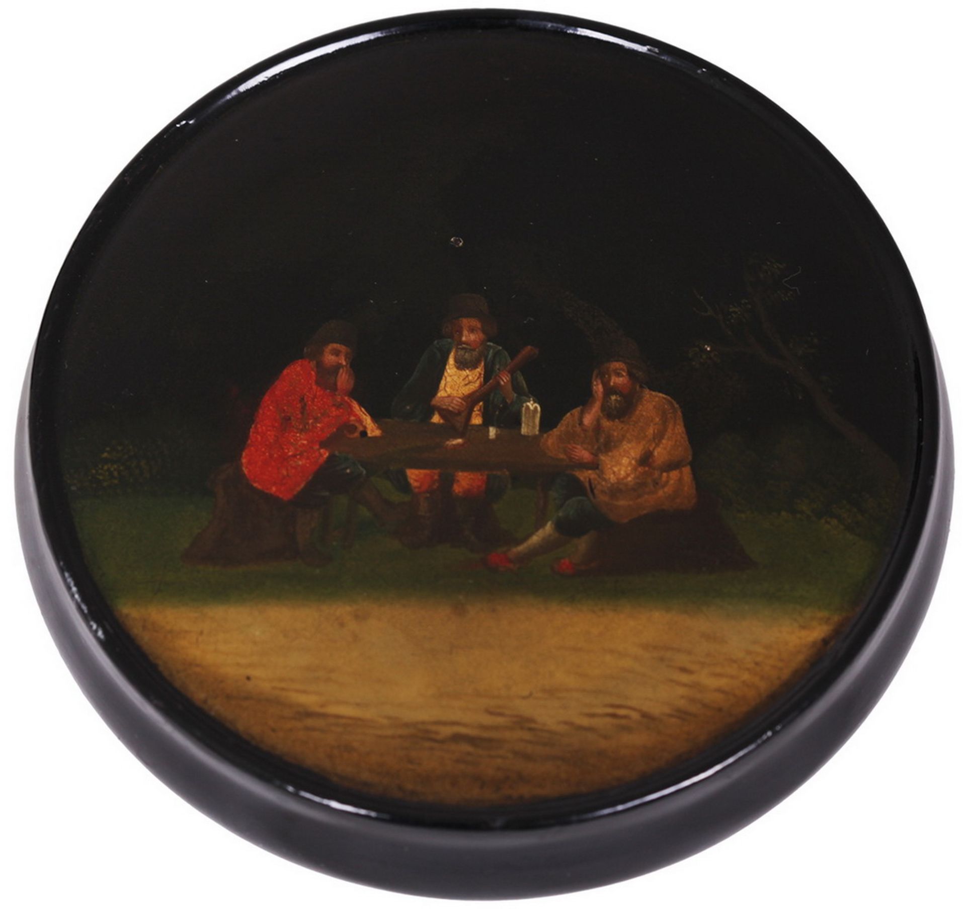 Russian papier mache lacquered box painted with a three peasants. - Palekh, 19th century; 12x13 cm.  - Bild 4 aus 5