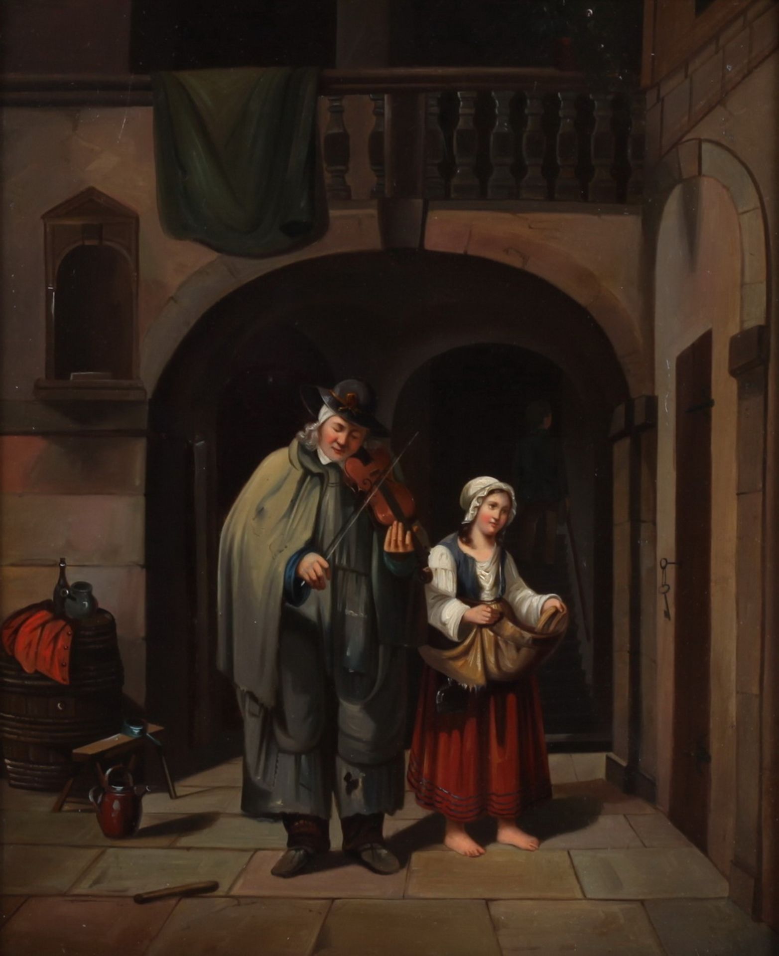 Unknown artist. Violinist and woman. <br>Framed. 1840s. Copper plate, oil. 33x27,5 см.