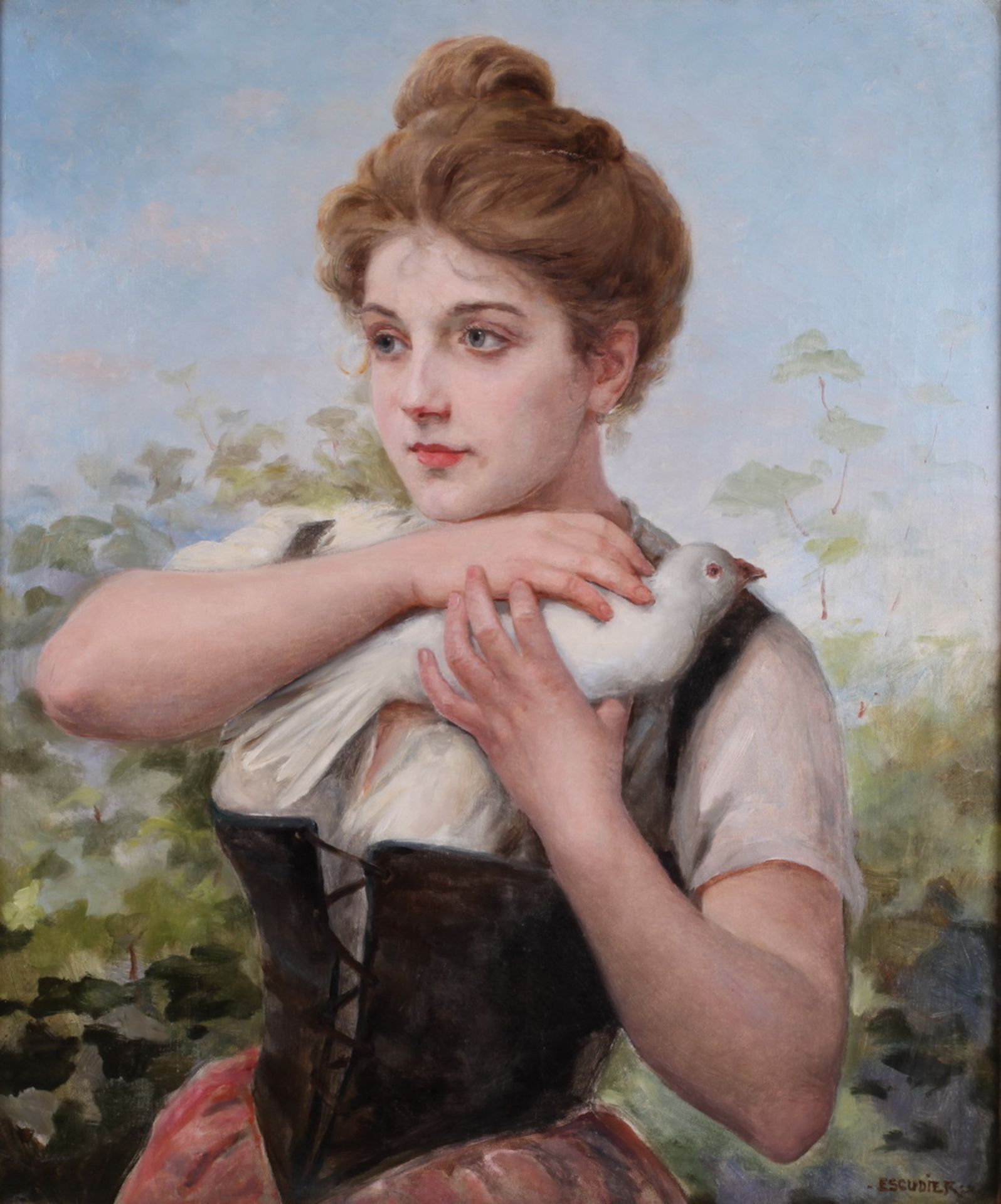 Escudier, Sharl. A girl with a pigeon. <br>Signed and framed. 1880s. Oil on canvas. 66x54 cm.