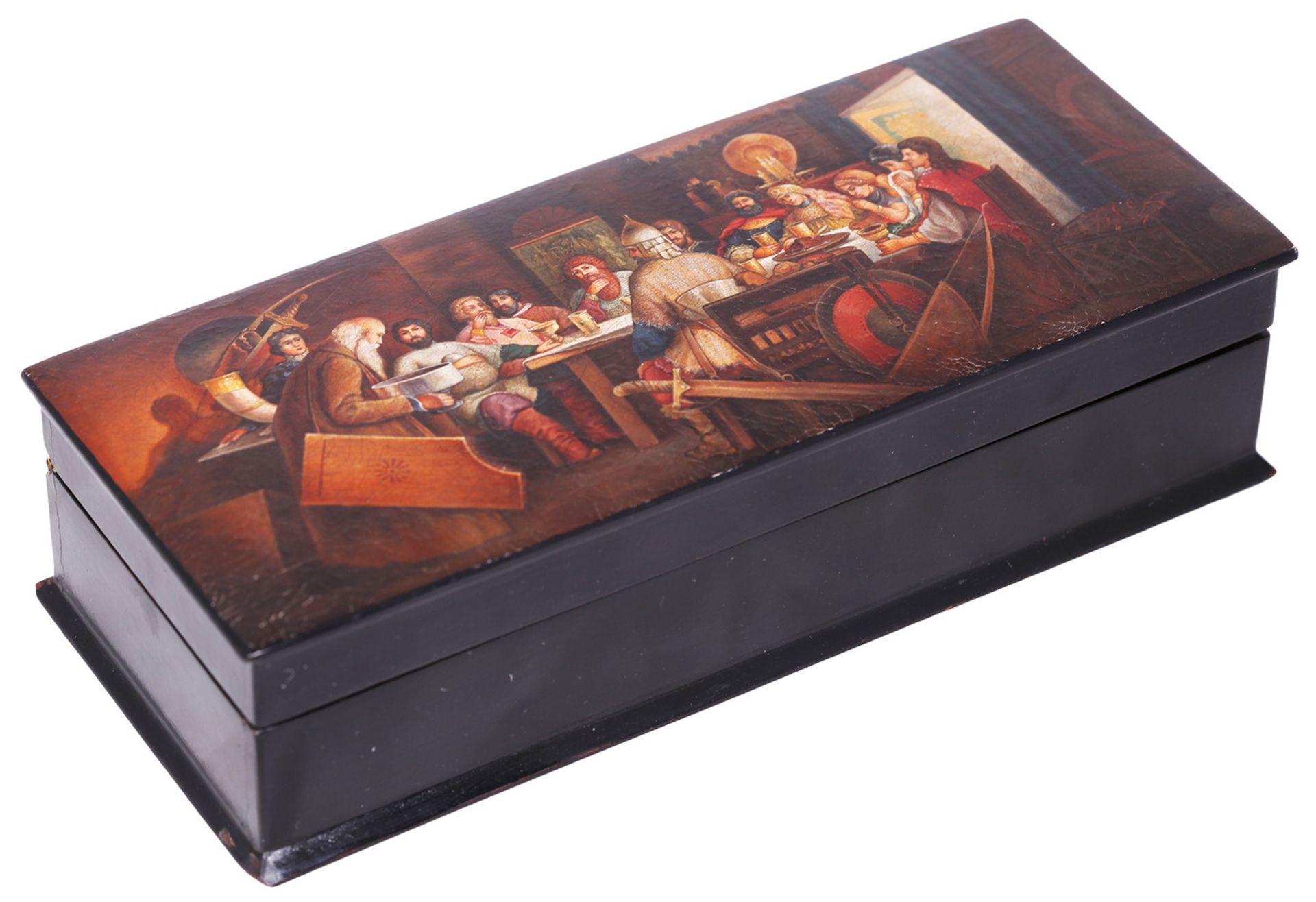 Russian papier mache lacquered box painted with a boyar's feast. - Lukutin manufactory, 19th