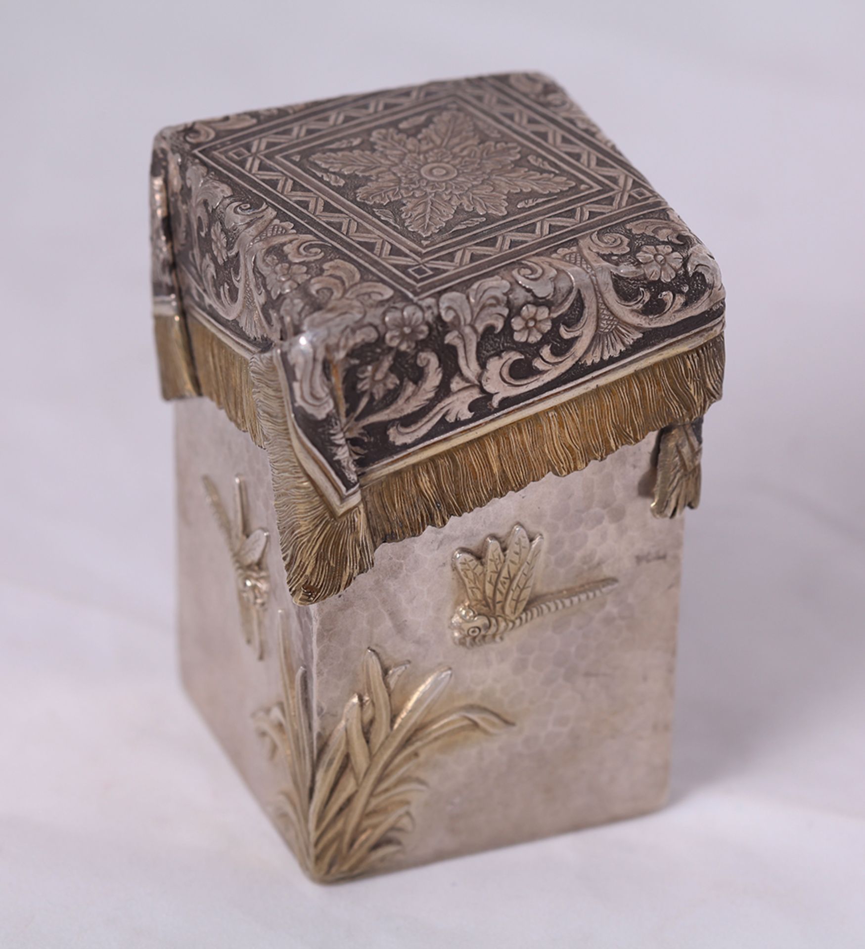 Russian Box with dragonflies. Silver. XX century.<br>9x5,5x5,5 cm.