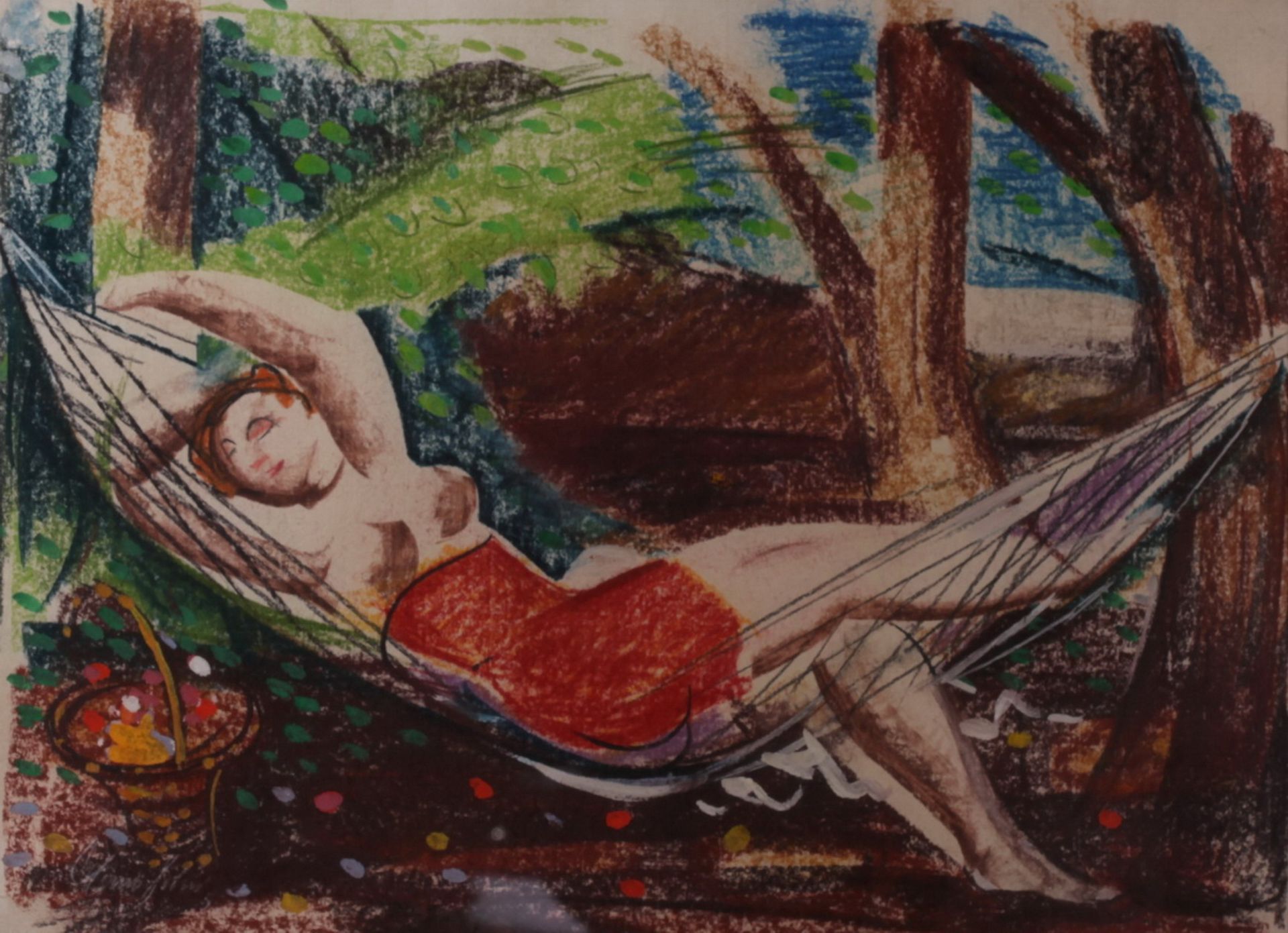 Unknown artist. A woman in a hammock. <br>Signed and framed. 1910s. Paper, pastel, mixed media. 43,5 - Bild 2 aus 3