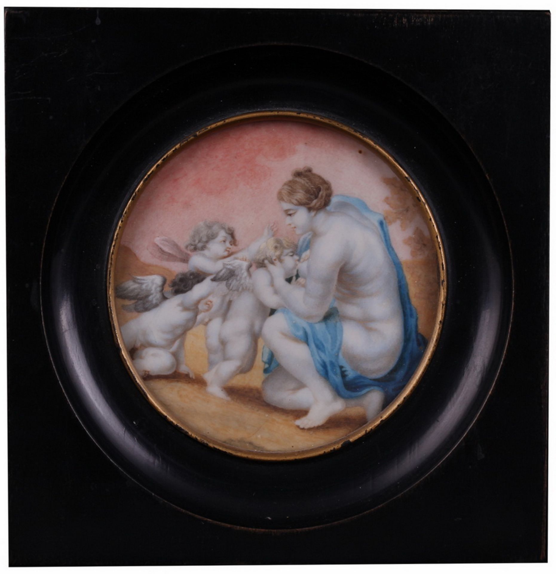 Pair of porcelain paintings "Cupids". [XIX century]. <br>Europe. Dimensions:  8 cm (diameter), 11,6x - Bild 4 aus 5