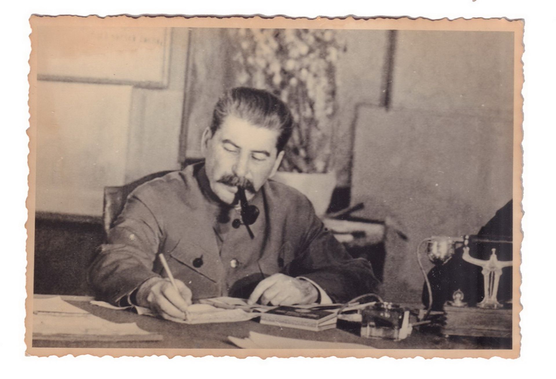 Joseph Stalin in the cabinet. 1935. Photograph. 8x12 cm. <br>Gelatin Silver print. 