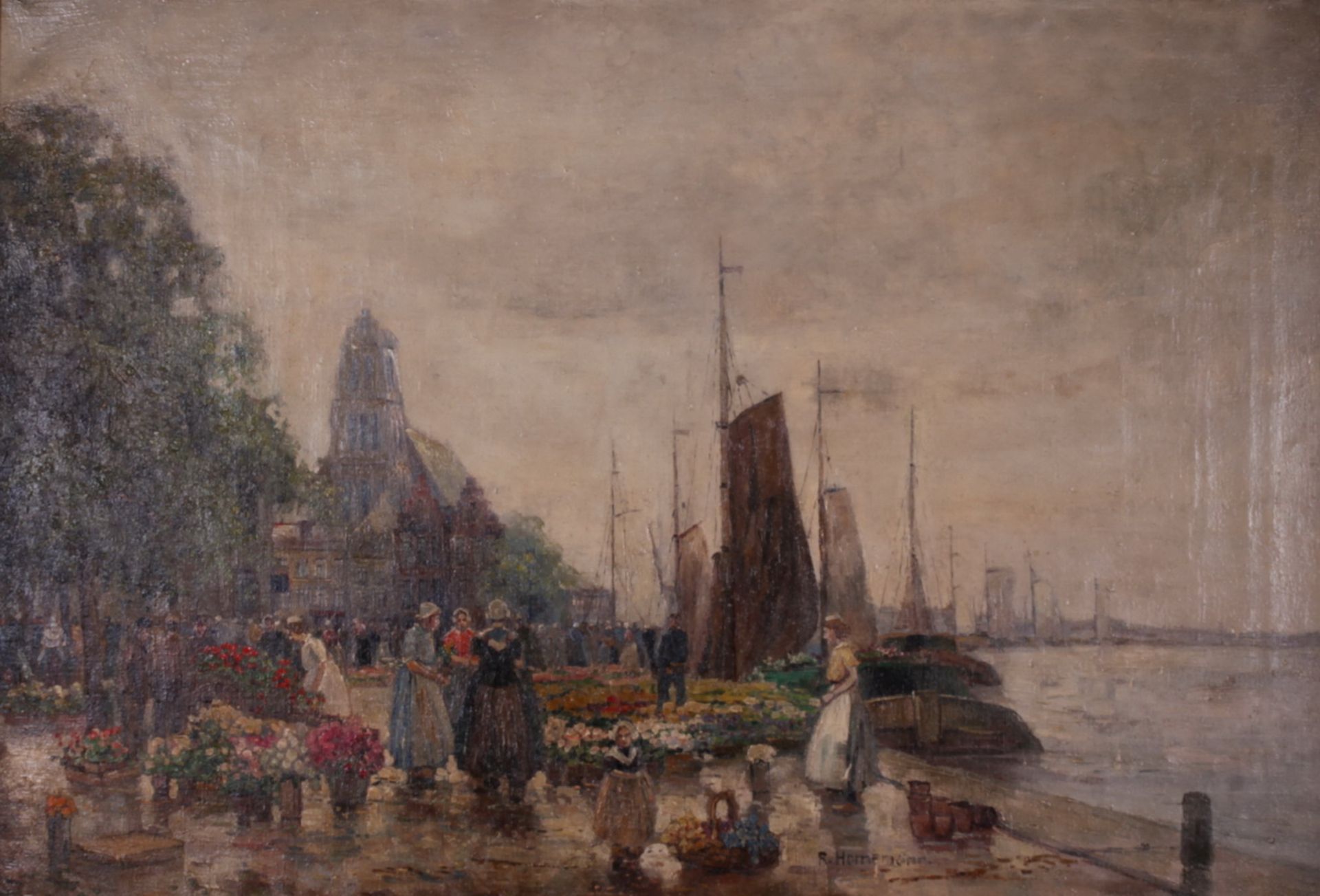 Hornemann, R. Flower market. <br>Signed and framed. 1900s. Oil on canvas. 69,5x100 cm.