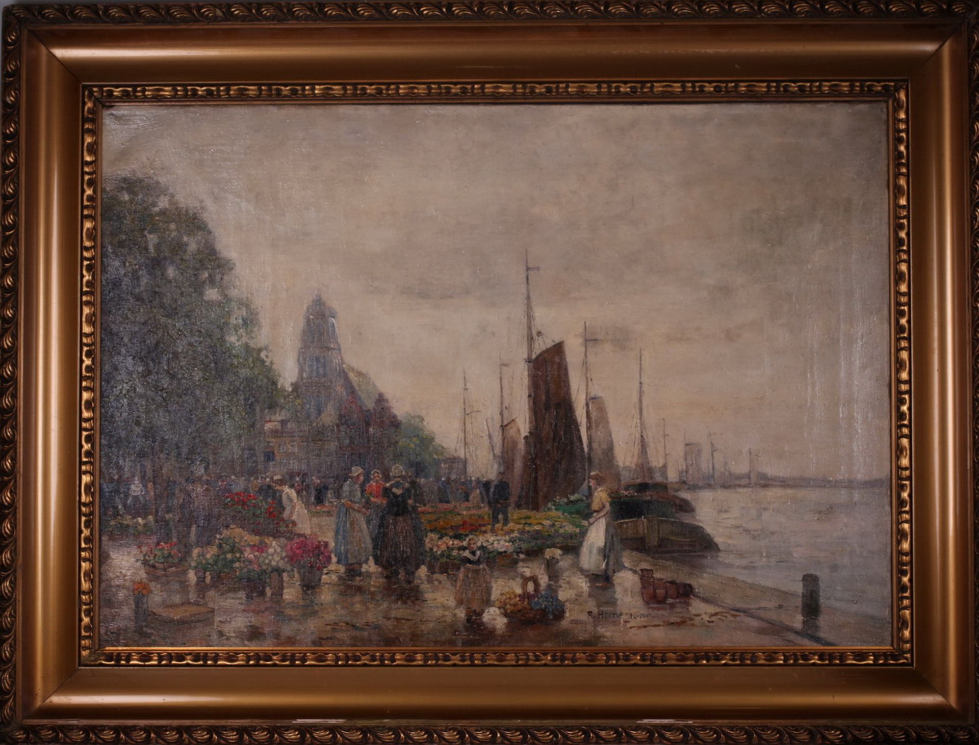 Hornemann, R. Flower market. <br>Signed and framed. 1900s. Oil on canvas. 69,5x100 cm. - Bild 3 aus 4