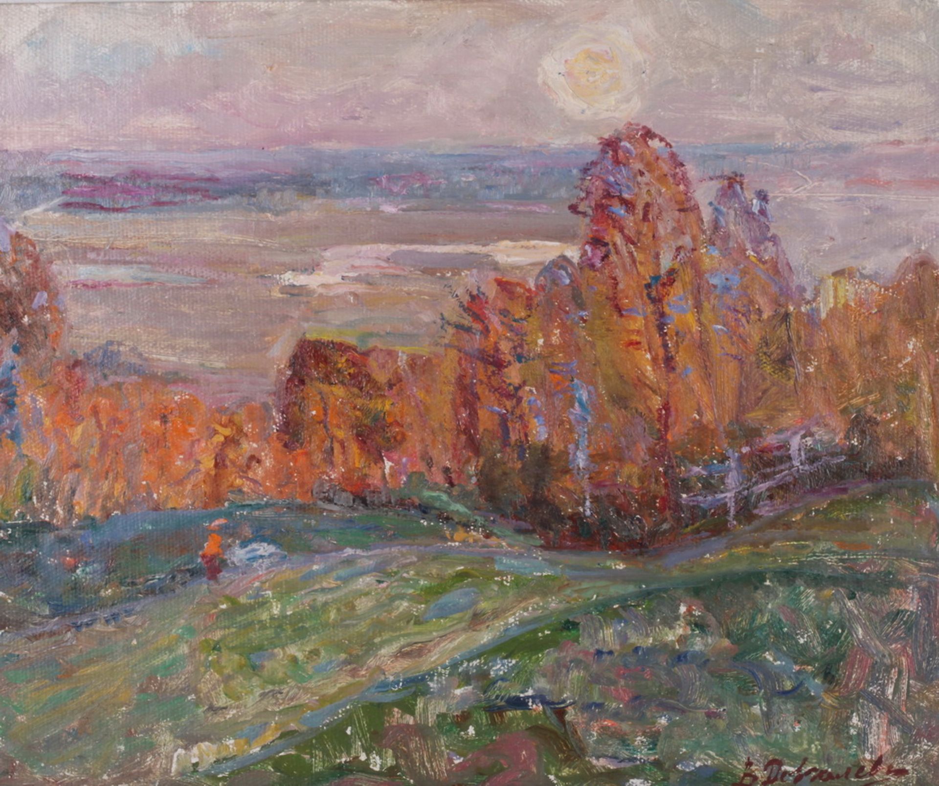 Dovgalevskaya, Vera. Sun above Dnepr.Signed and framed. [Second half of the XX century]. Oil on - Bild 2 aus 4