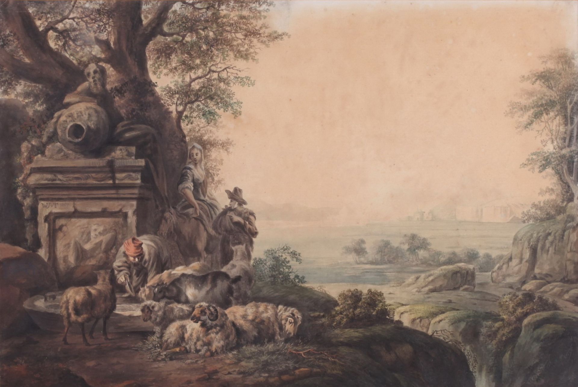 Troostwijk, Wouter Johannes van. Landscape with a genre scene nearby a well. 1807.<br>Paper, waterco - Bild 2 aus 3