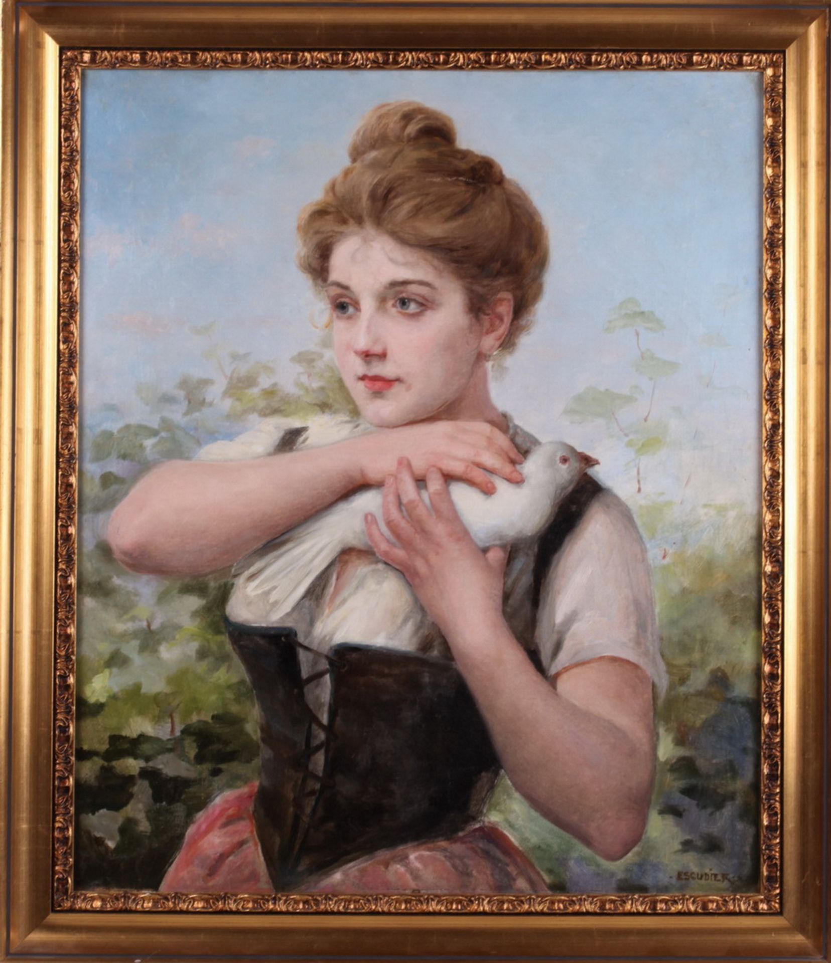 Escudier, Sharl. A girl with a pigeon. <br>Signed and framed. 1880s. Oil on canvas. 66x54 cm. - Bild 3 aus 4