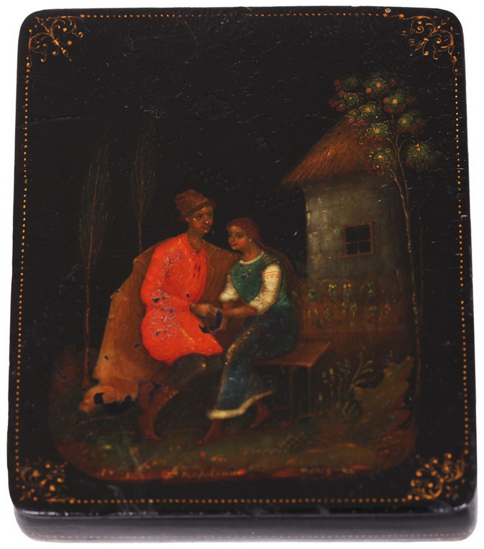 Russian papier mache lacquered box painted with a couple. - Palekh, 20th century; 3x10x12 cm. <br>Ha - Bild 3 aus 4