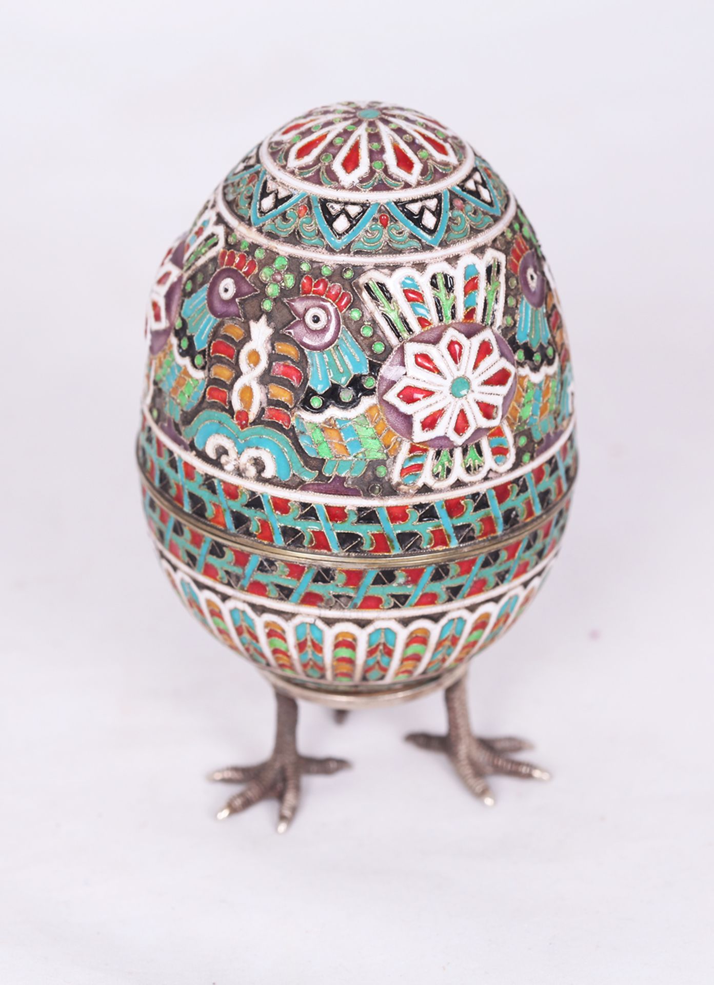 Russian easter enamel egg. XX century.<br>Silver, enamel. 10,5x6,5 cm.