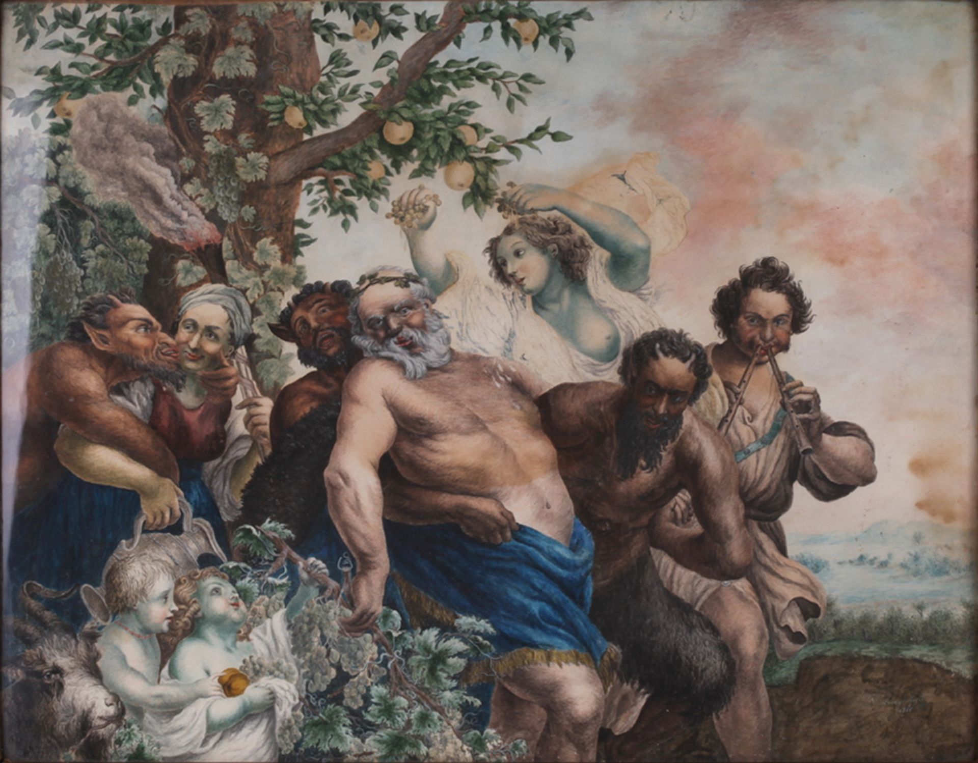 Lange, V. Bacchanalia. 1810. Oil on canvas. 38,5x19 cm.<br>Signed and framed.